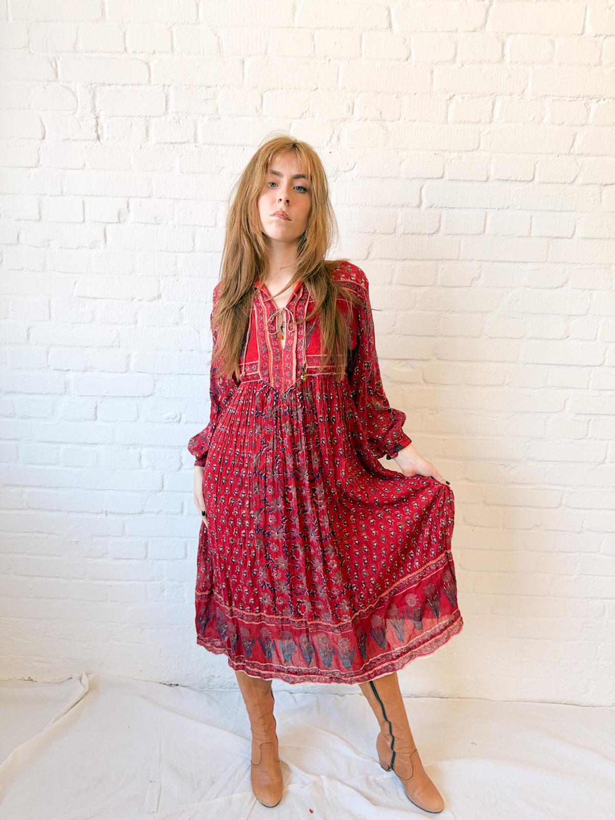 1970s Cotton Gauze Indian Block Print Midi Dress