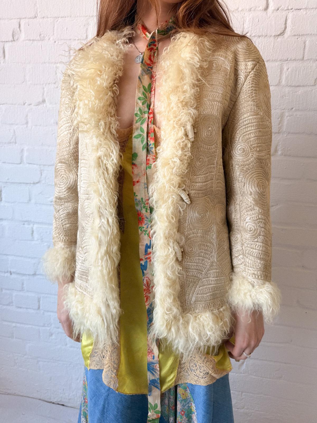 Rare 1960s–70s Fully Embroidered Afghan Style Shearling Jacket – Pearl Cream