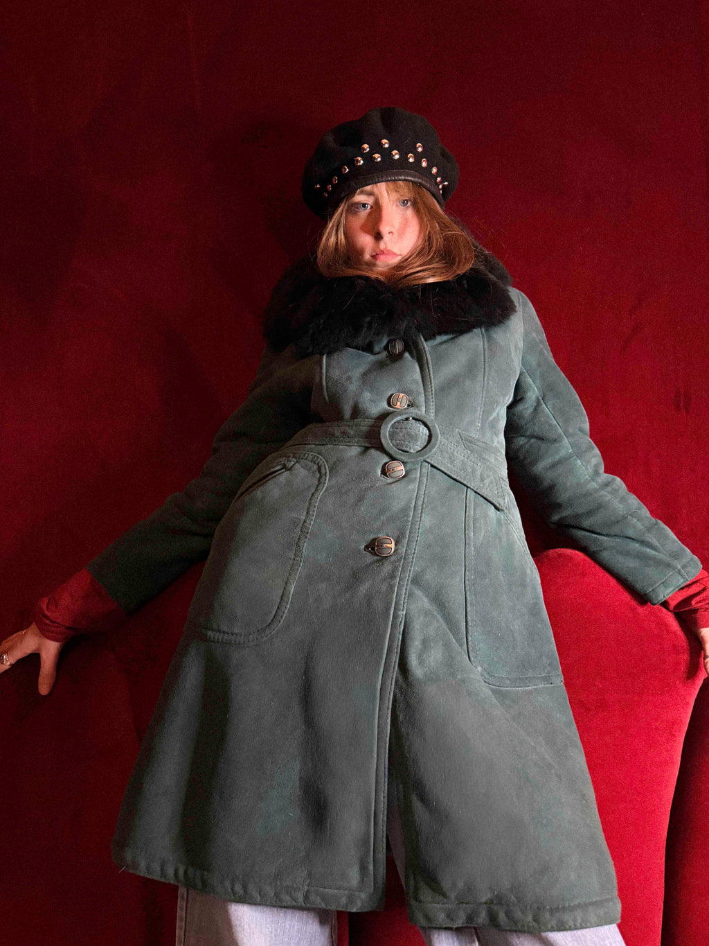 1970s Teal Green Shearling Penny Lane Trench Coat with Black Fur Collar – Soft Suede &amp; Ornamental Buttons