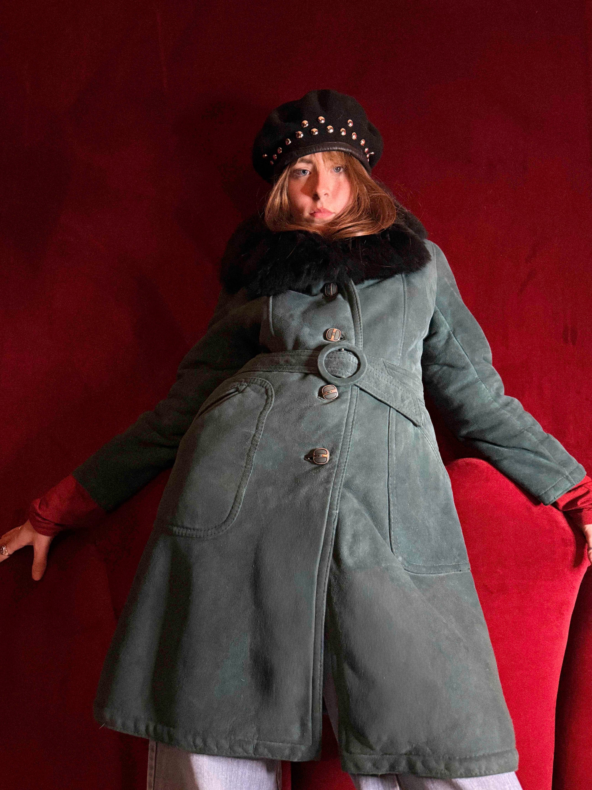 1970s Teal Green Shearling Penny Lane Trench Coat with Black Fur Collar – Soft Suede &amp; Ornamental Buttons