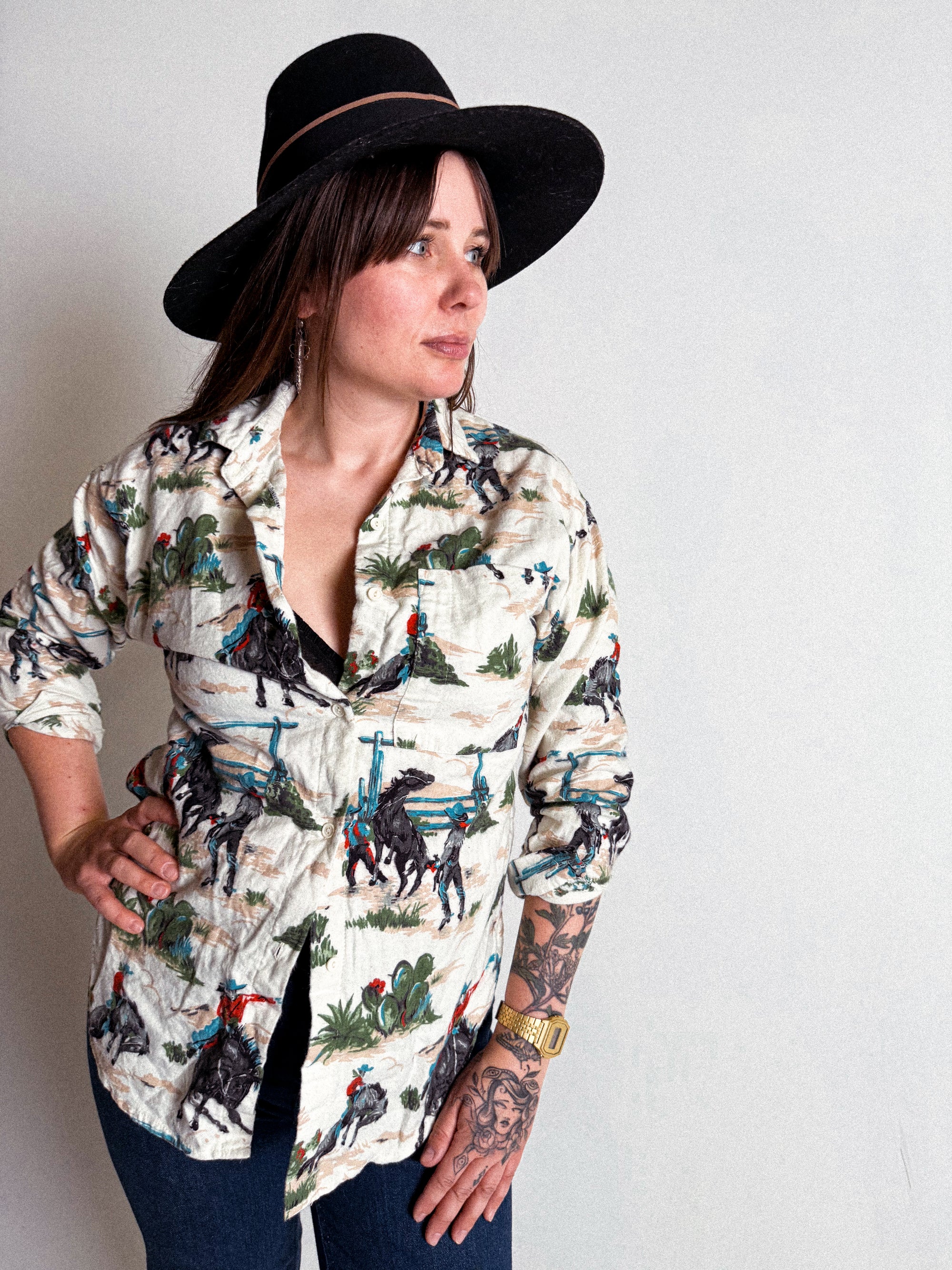 1960s Button-Through Flannel Novelty Shirt with Cowboy Print