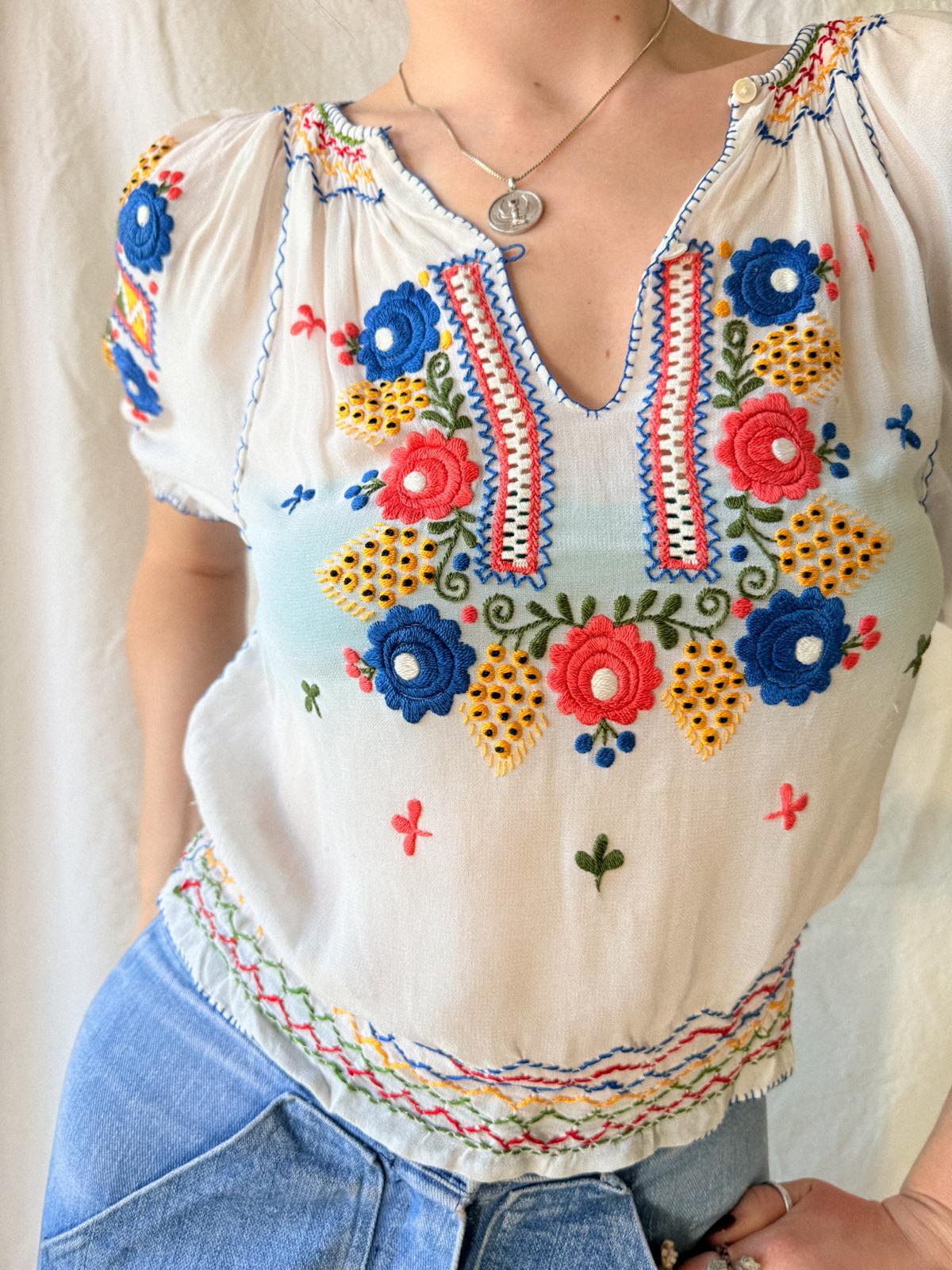 1930s–1940s Hand Embroidered Sheer Folk Blouse