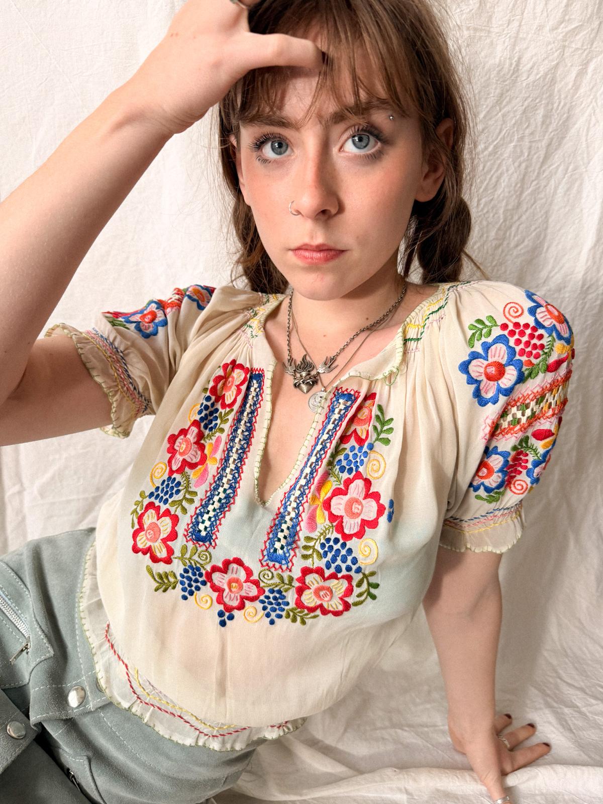 1930s–1940s Hand Embroidered Sheer Folk Blouse