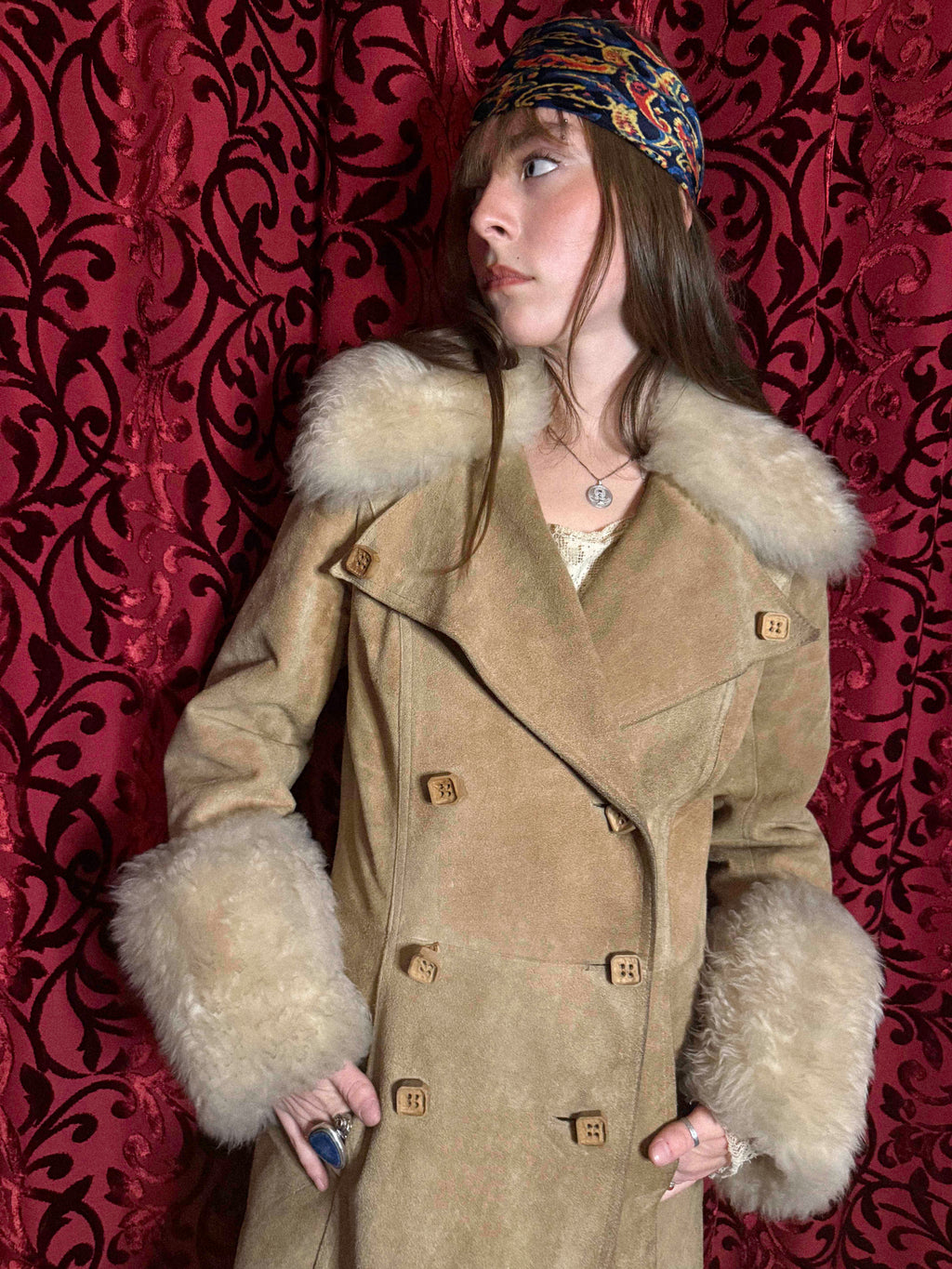 1970s Beige/Tan Suede Penny Lane Coat- Double-Breasted with Fur Collar and Cuffs