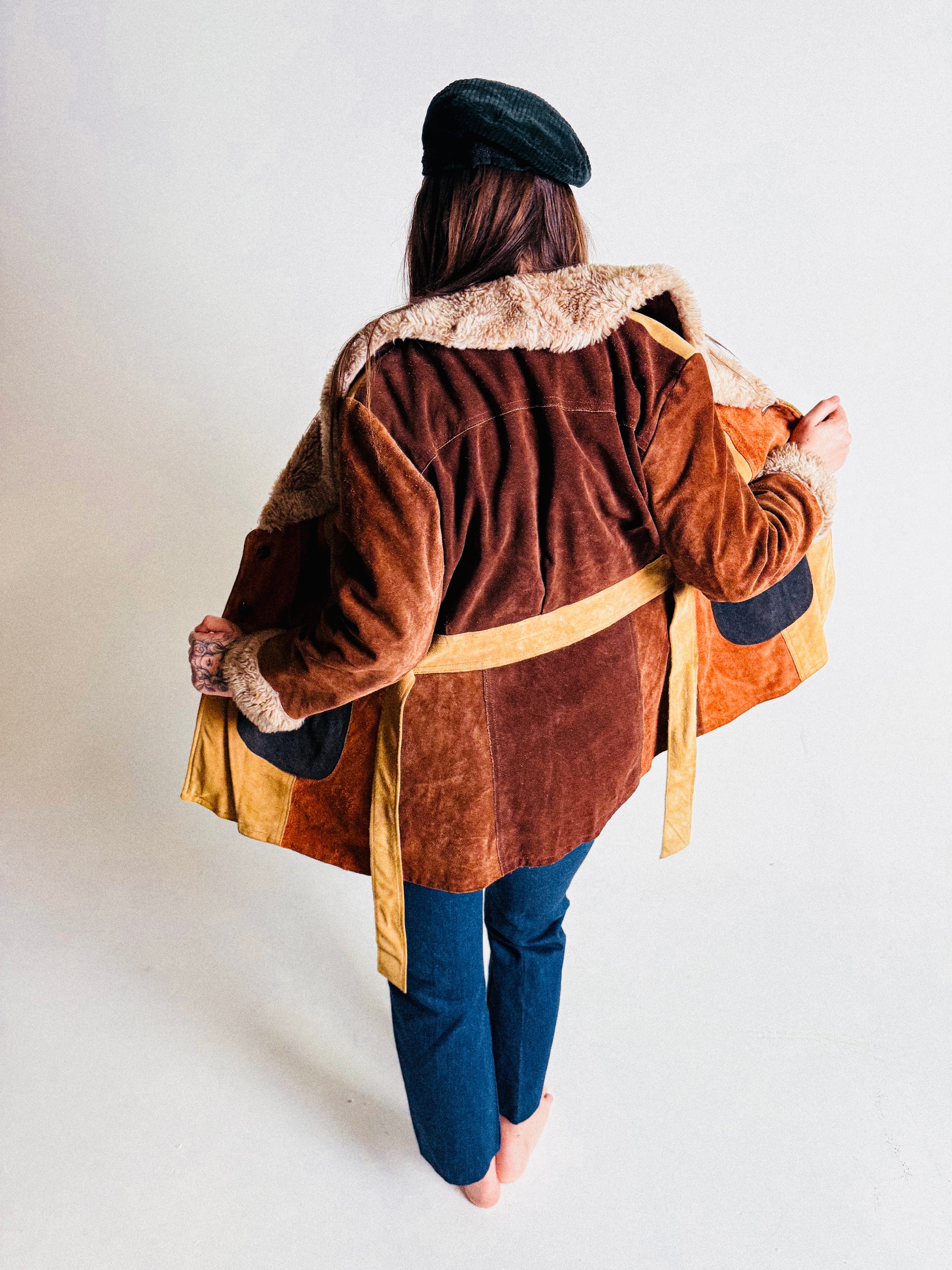 1970s Colourblock Suede and Fake-Fur Belted Jacket