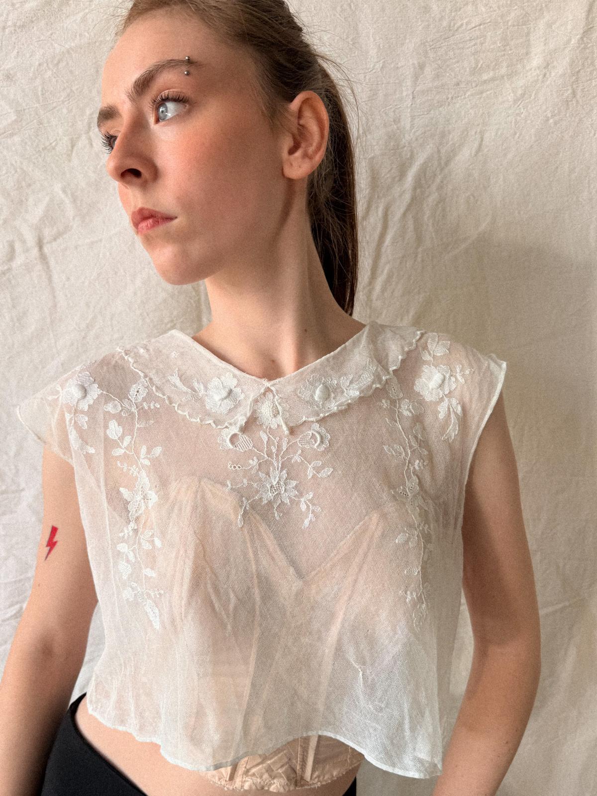 Antique Edwardian French Embroidered Tulle Bodice Blouse | Early 1910s Sheer Net Top