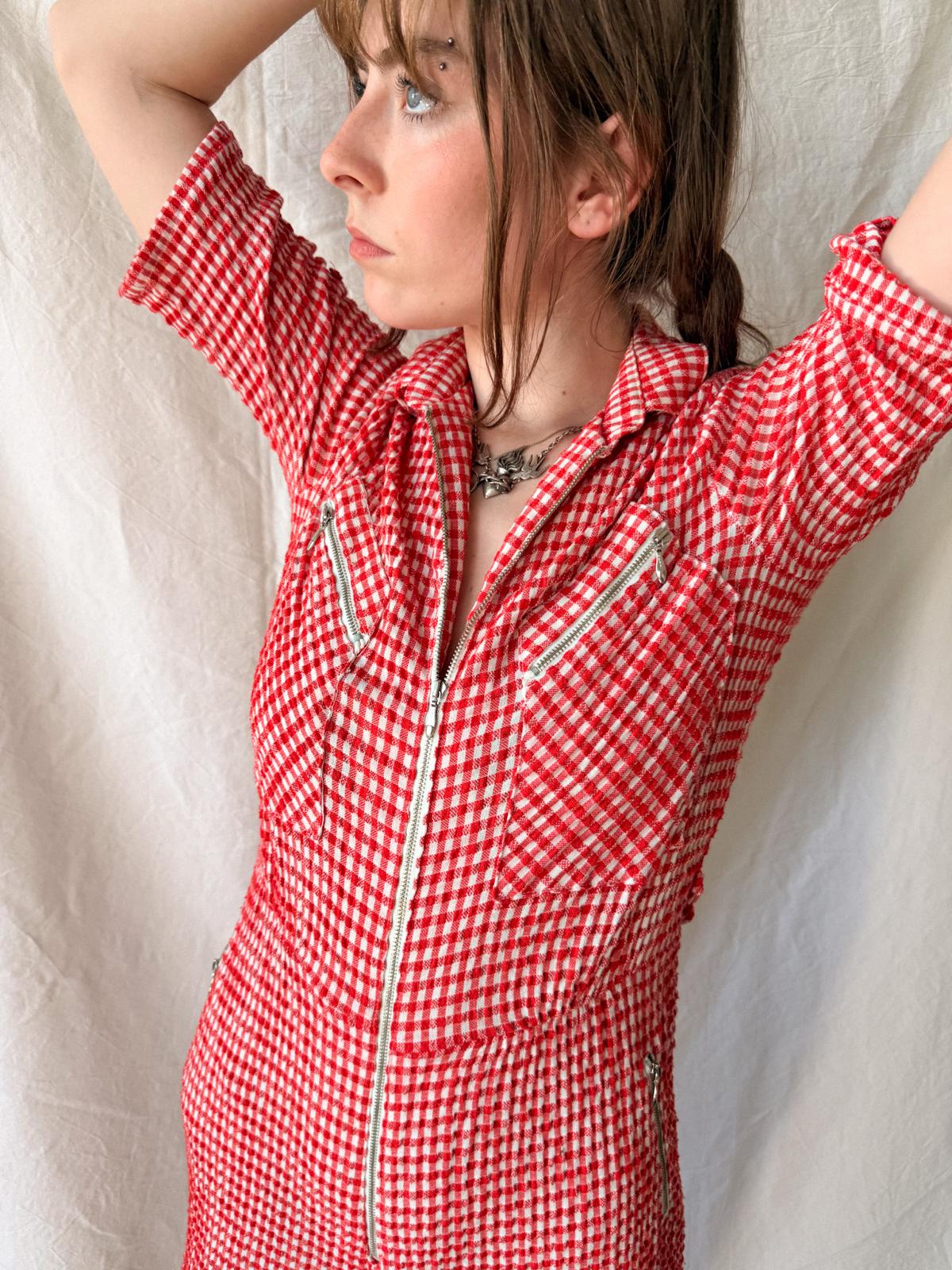 1970s Betty Barclay Red Gingham Zip Front Jumpsuit