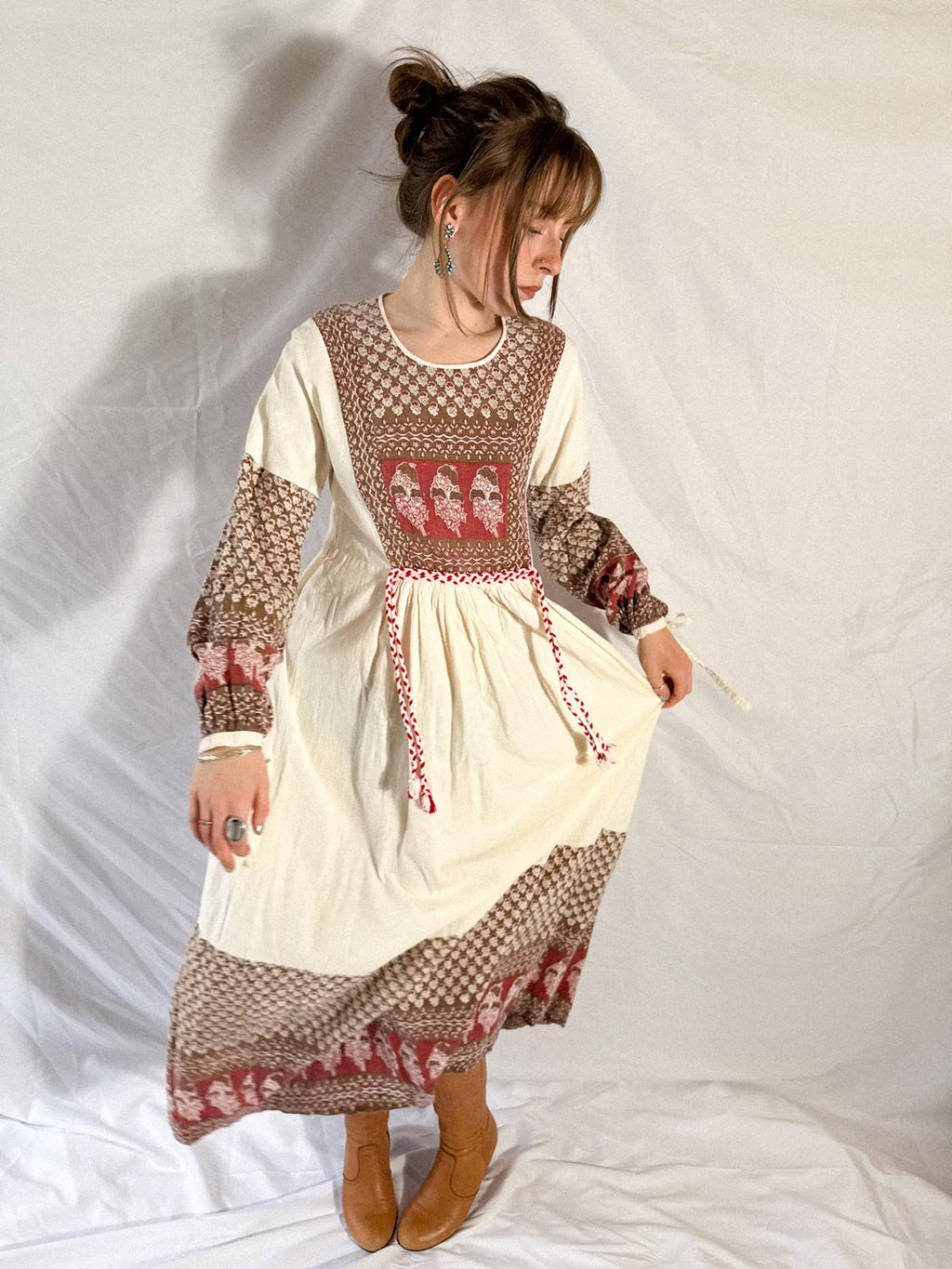 1970s Thick Cotton Blockprint Panel Dress in Cream