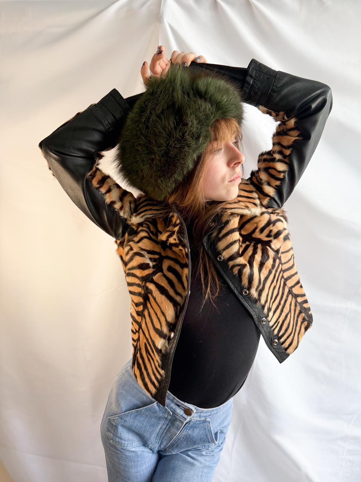 1970s Tiger Print Calf Hair & Leather Cropped Jacket