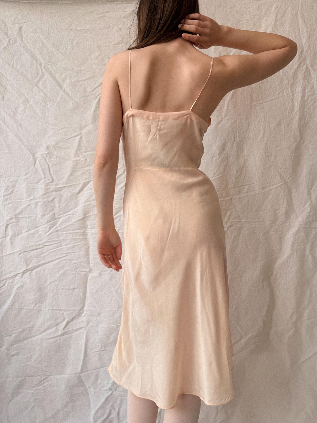 1930s Peach Silk Bias Cut Slip Dress with Art Deco Fagoting Detail