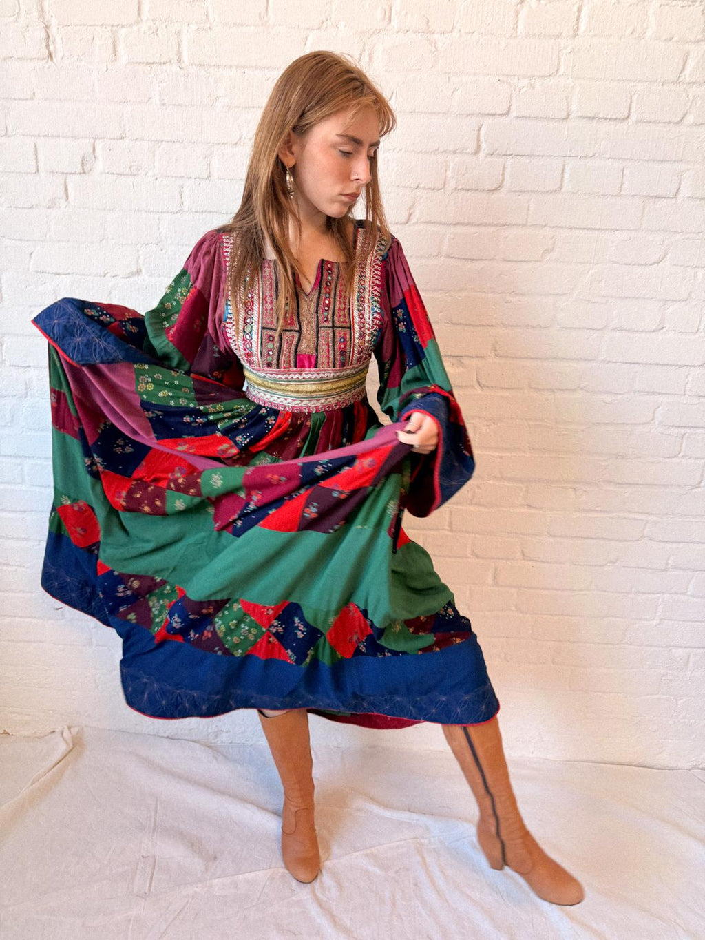 1970s Afghan-Style Patchwork Maxi Dress with Mirrorwork Embroidered Bodice