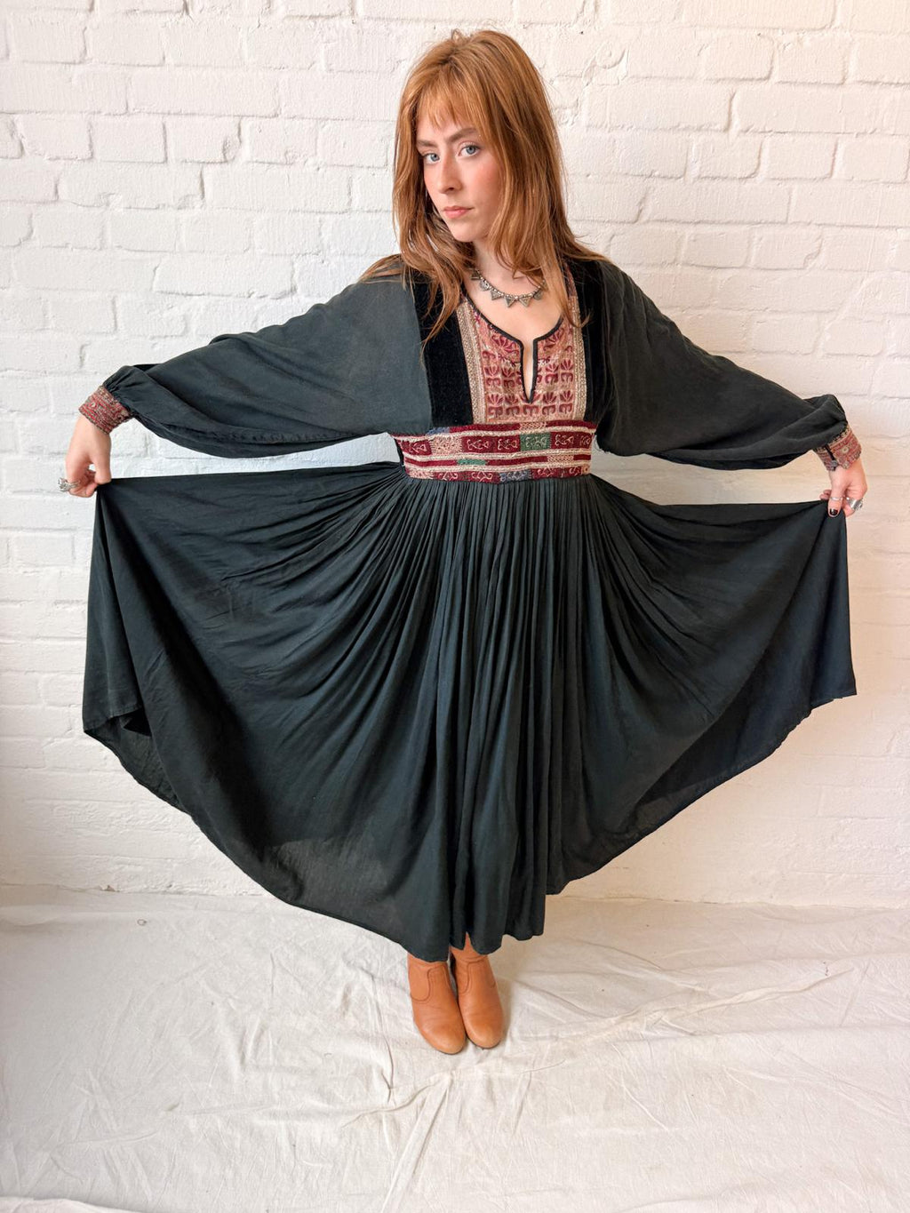 1970s Black Afghan Viscose Dress with Embroidered Velvet Yoke