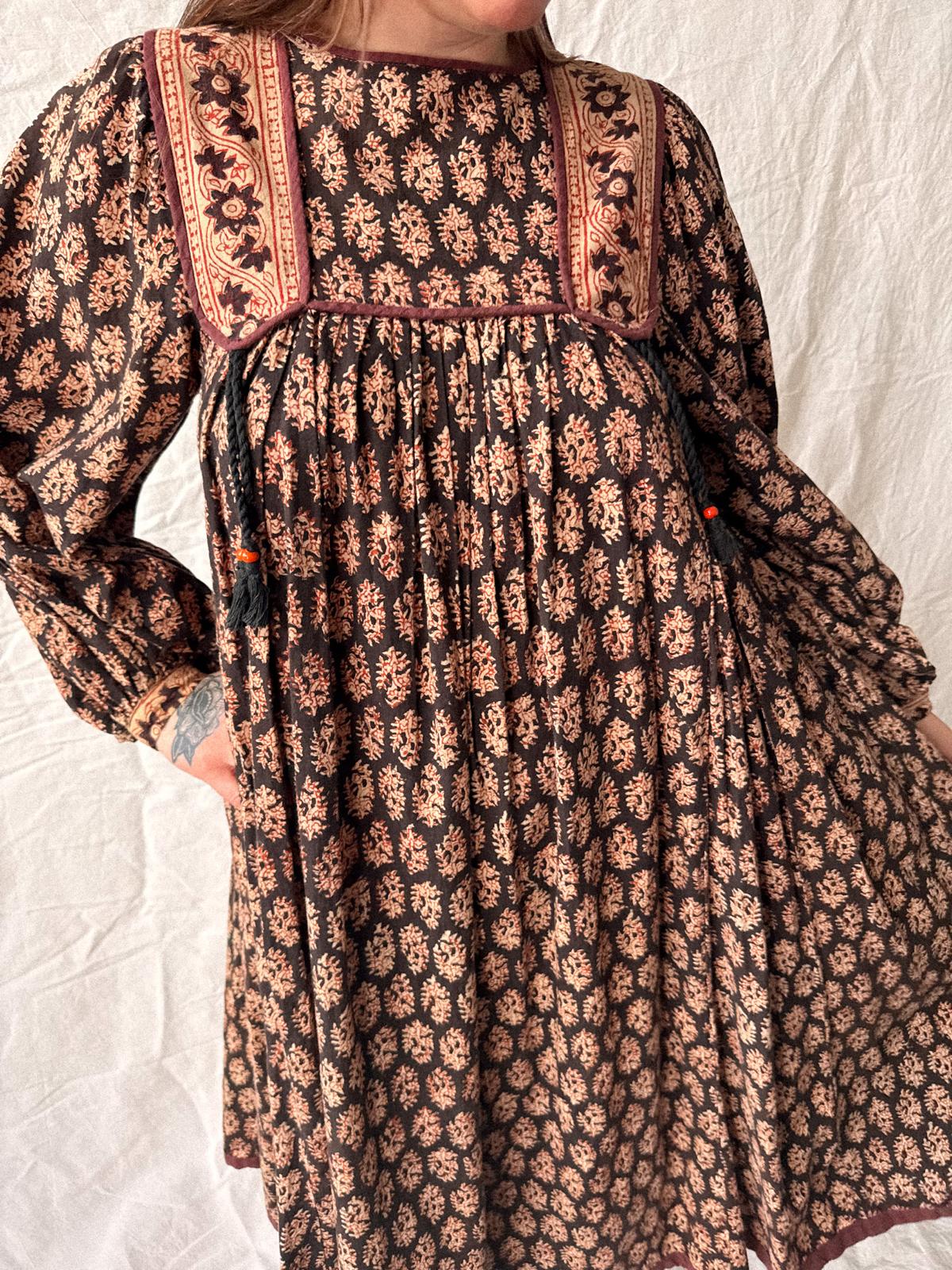 1970s Phool Hand Block Printed Cotton Midi Dress