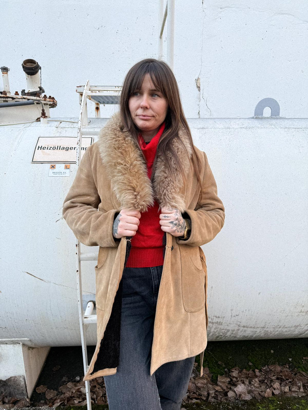 Late 1970s Suede Longline Belted Jacket with Fur Collar