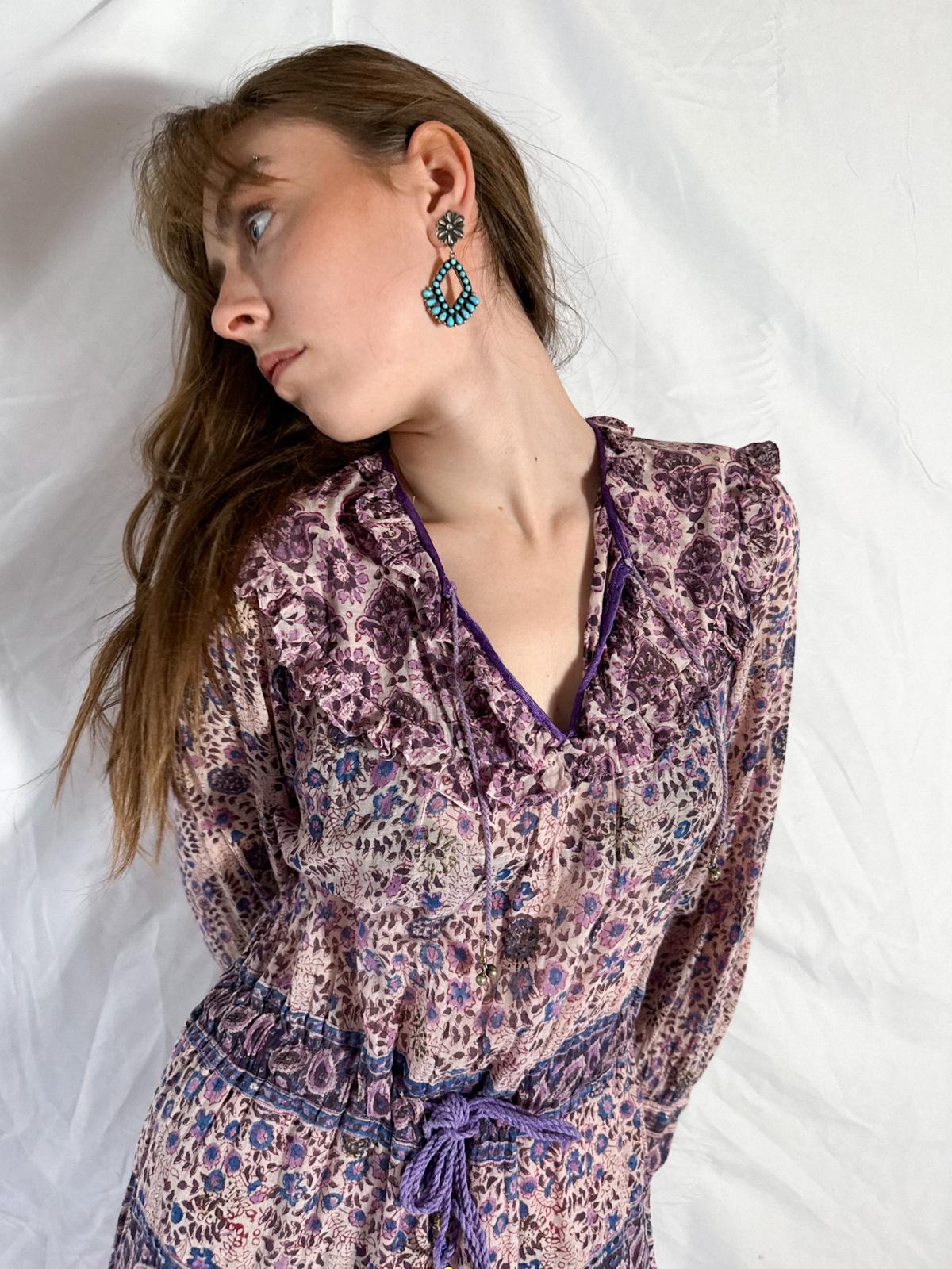 1970s Indian Cotton Gauze Block Print Prairie-Style Dress with Ruffled Neckline and Drawstring Waist