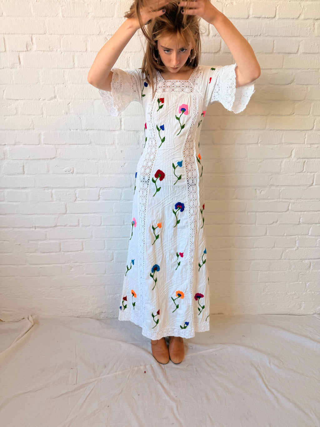 1970s Mexican-Style Embroidered Cotton & Crochet Maxi Dress