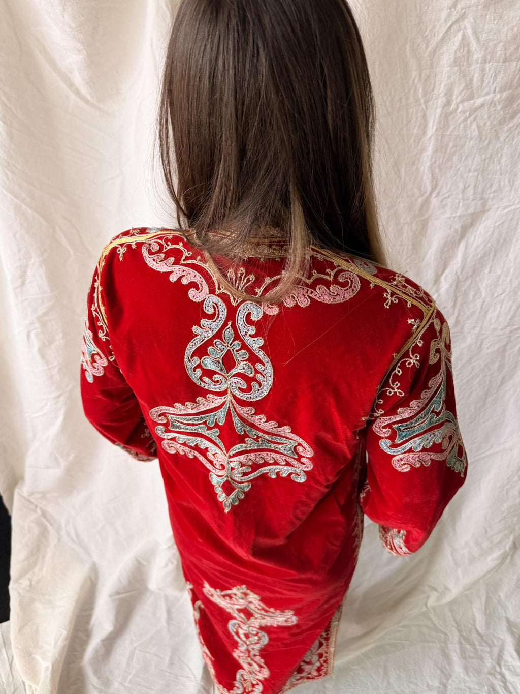 1970s Embellished Red Morroccan Velvet Caftan Coat