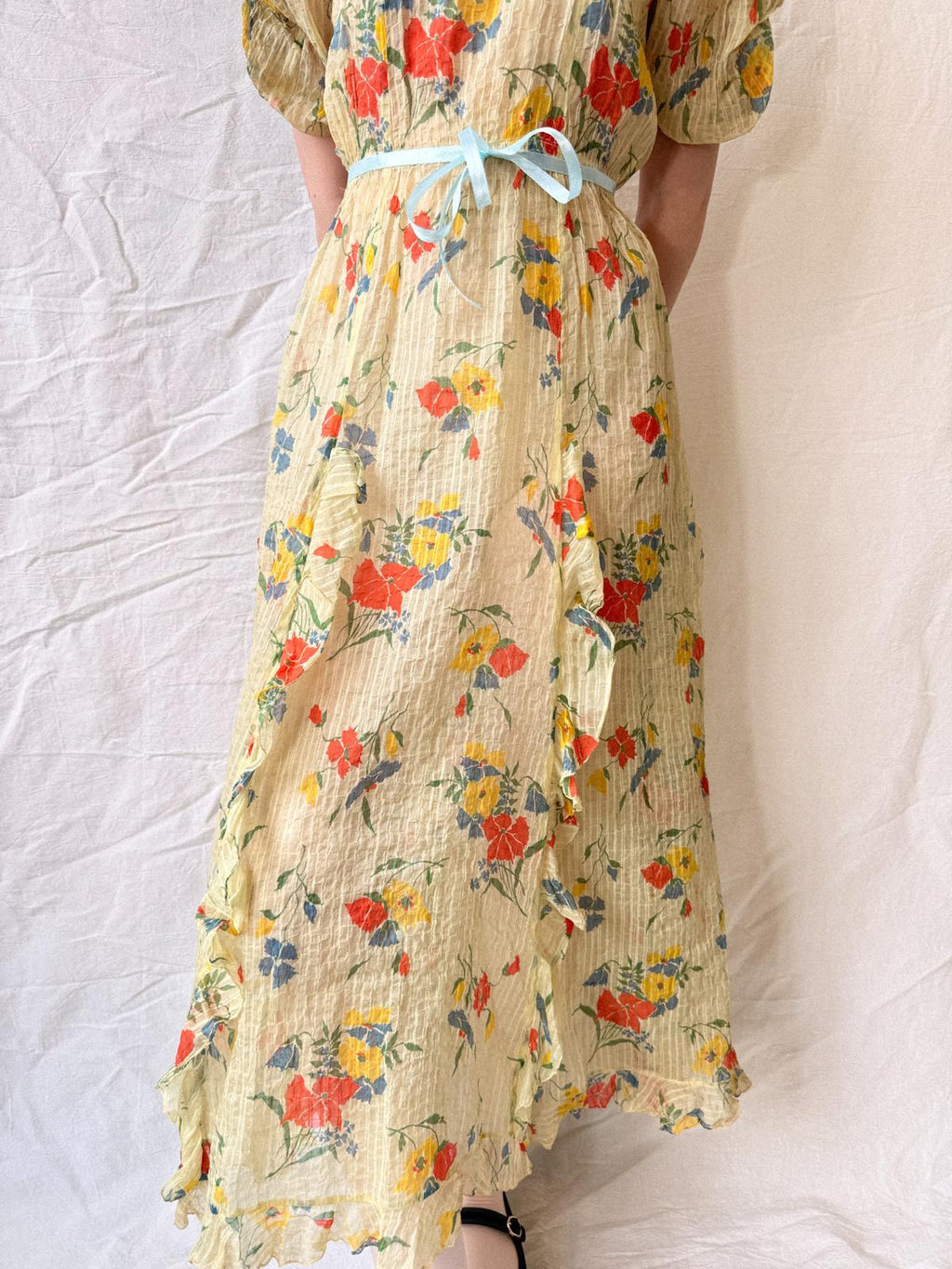 1930er halbdurchsichtiges Partykleid aus gekräuseltem Rayon-Taft