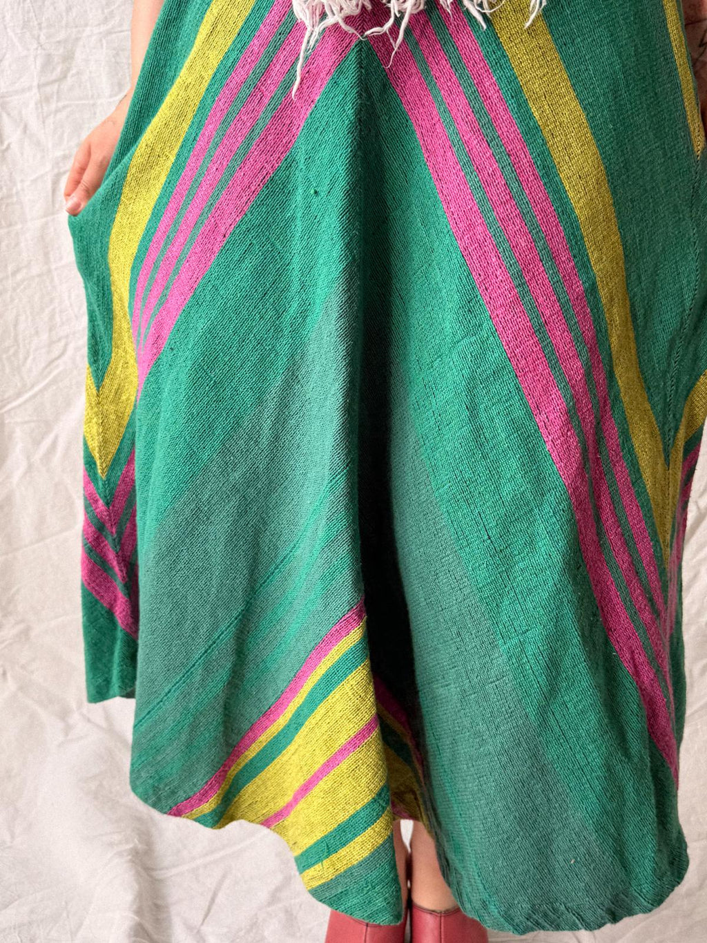 1970s Handwoven Halterneck Maxi Summer Dress with Macramé Fringe Waist Detail