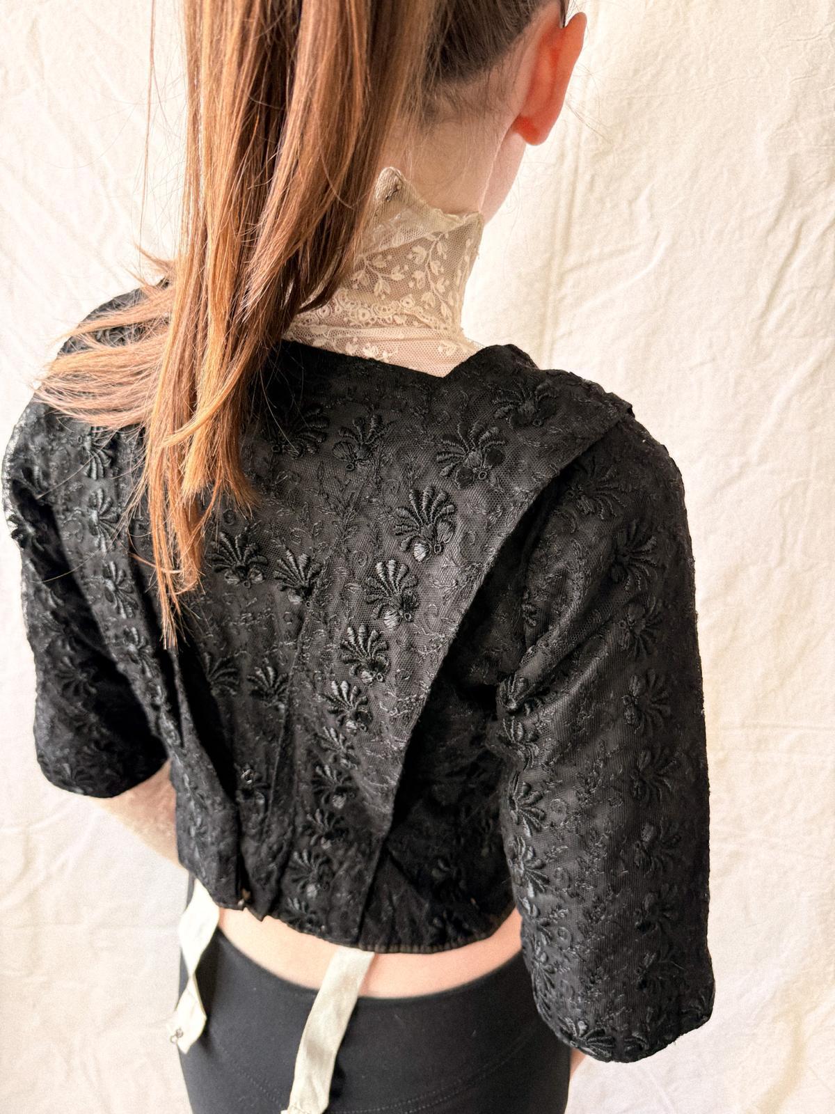 Victorian / Early Edwardian Black Silk & Lace Boned Bodice | Antique Embroidered Jacket | c. 1895–1910