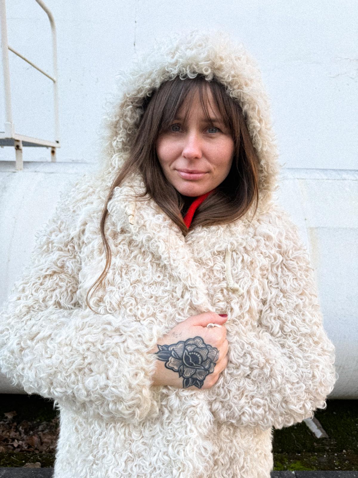 1970s Mongolian Lamb Coat with Hood – Curly Sheepskin, Satin Lined, Leather Toggles