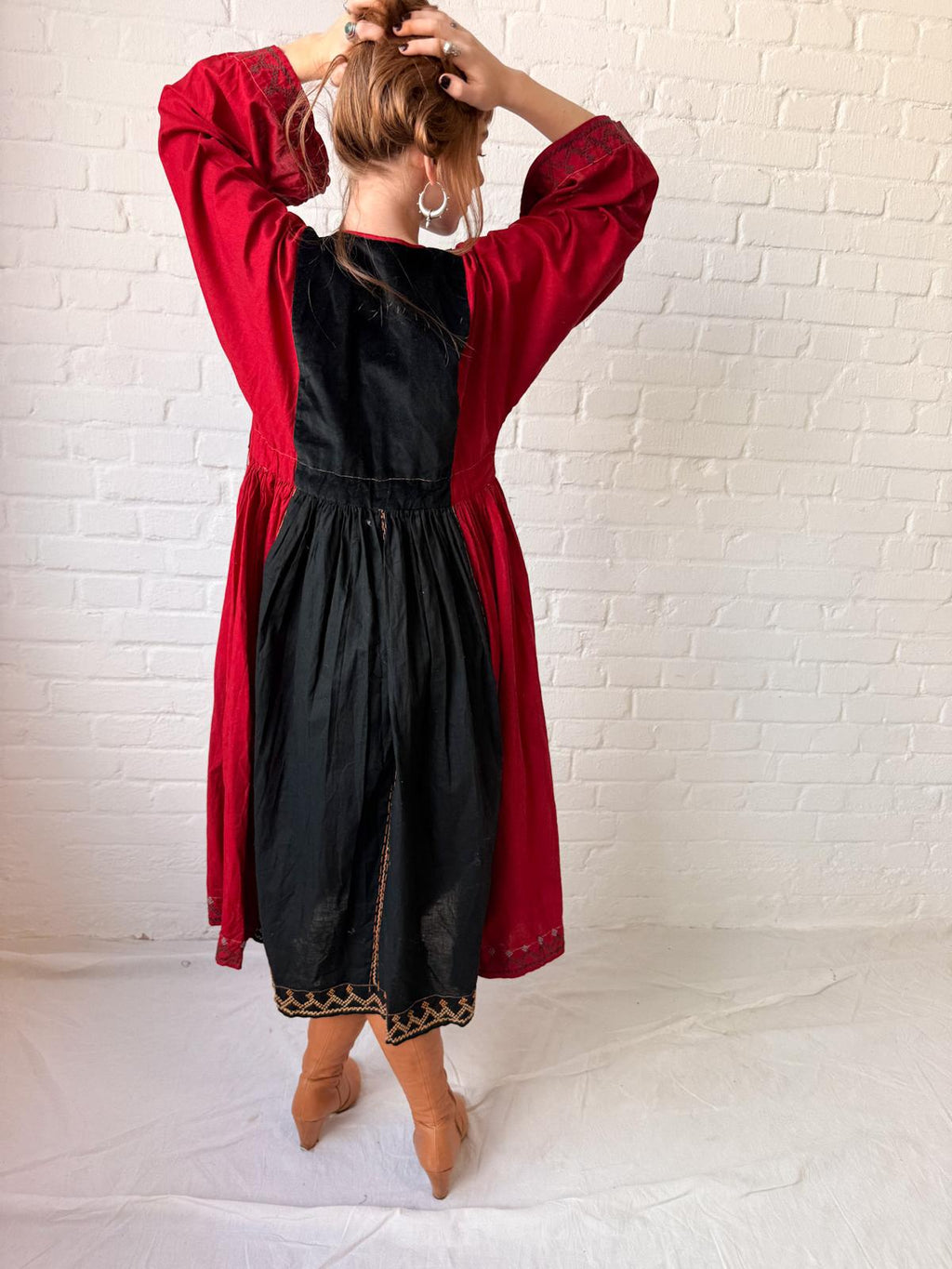 1970s Afghan Red Cotton Dress with Embroidered Yoke & Black Velvet