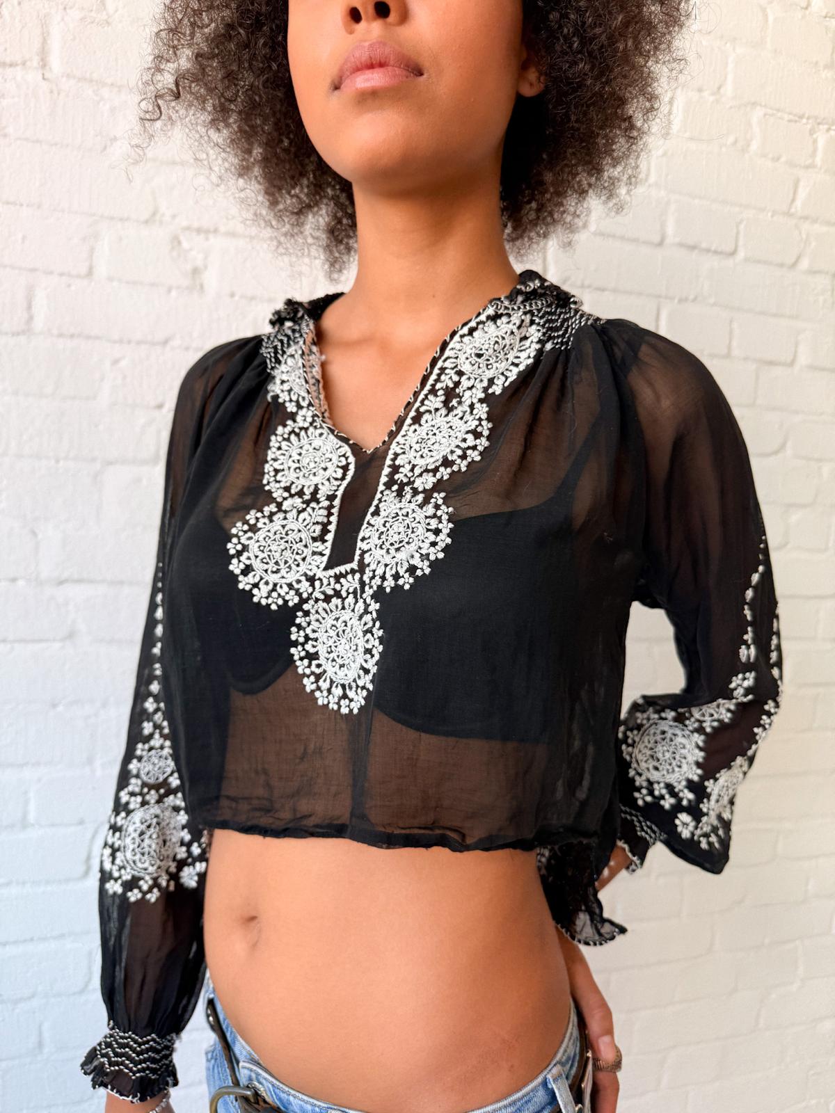 1920s–30s Eastern European Black Cotton Batiste Embroidered Folk Blouse