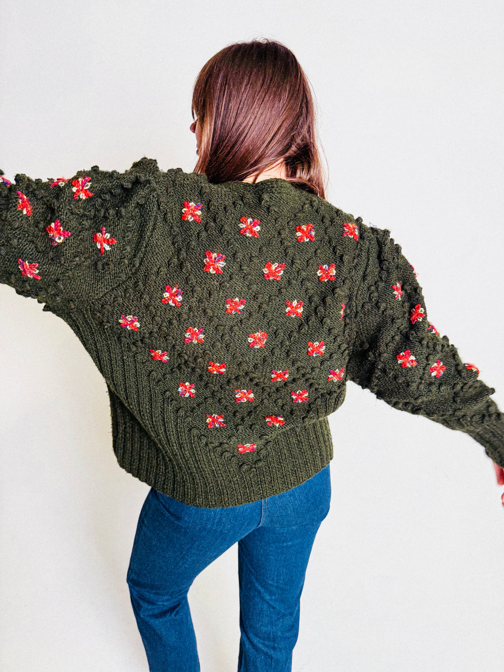 70s-80s Wool Handknit Popcorn and Flowers Cardigan with Glitter Buttons