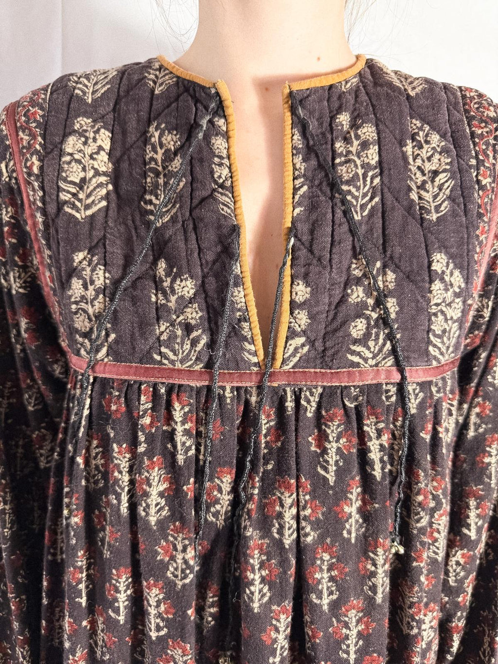 1970s Indian Block Print Cotton Dress with Quilted Yoke and Hem