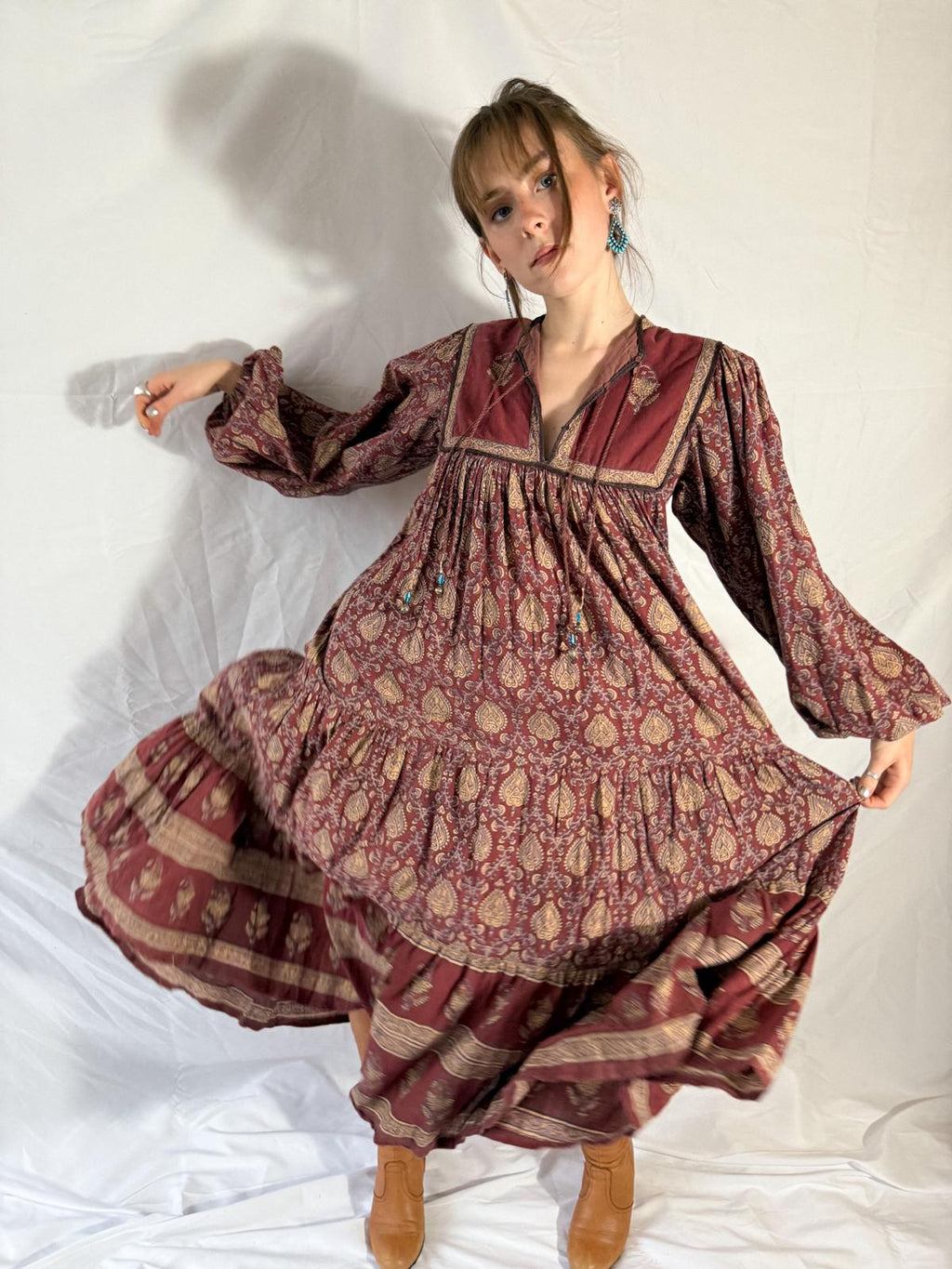1970s Indian Block Print Cotton Dress with Tiered Skirt and Beaded Tassels