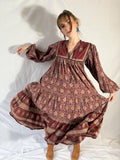 1970s Indian Block Print Cotton Dress with Tiered Skirt and Beaded Tassels