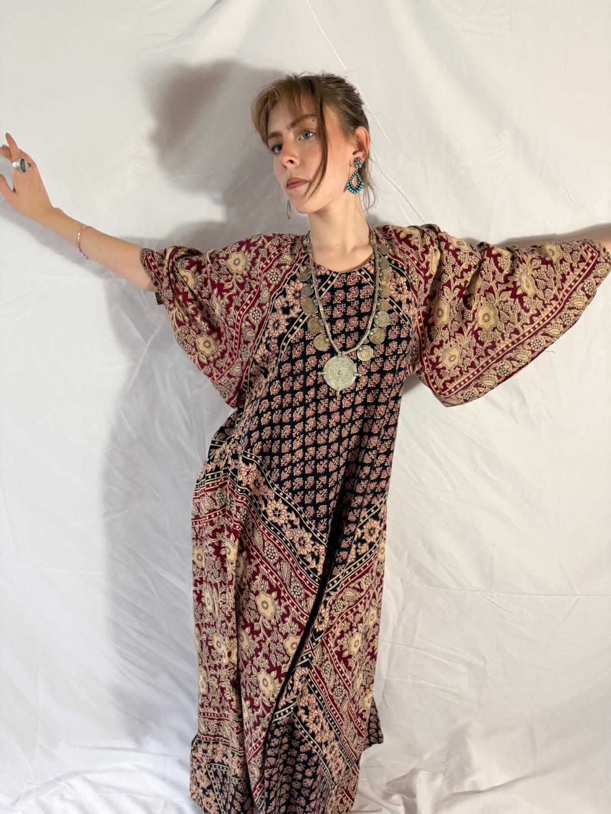 1970s Kaiser Indian Block Print Cotton Maxi Kaftan Dress