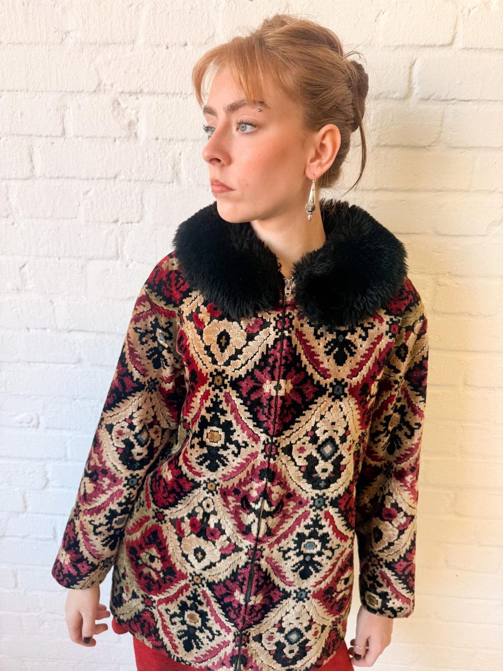 1960s Tapestry Chenille Ski Jacket with Faux Fur Collar