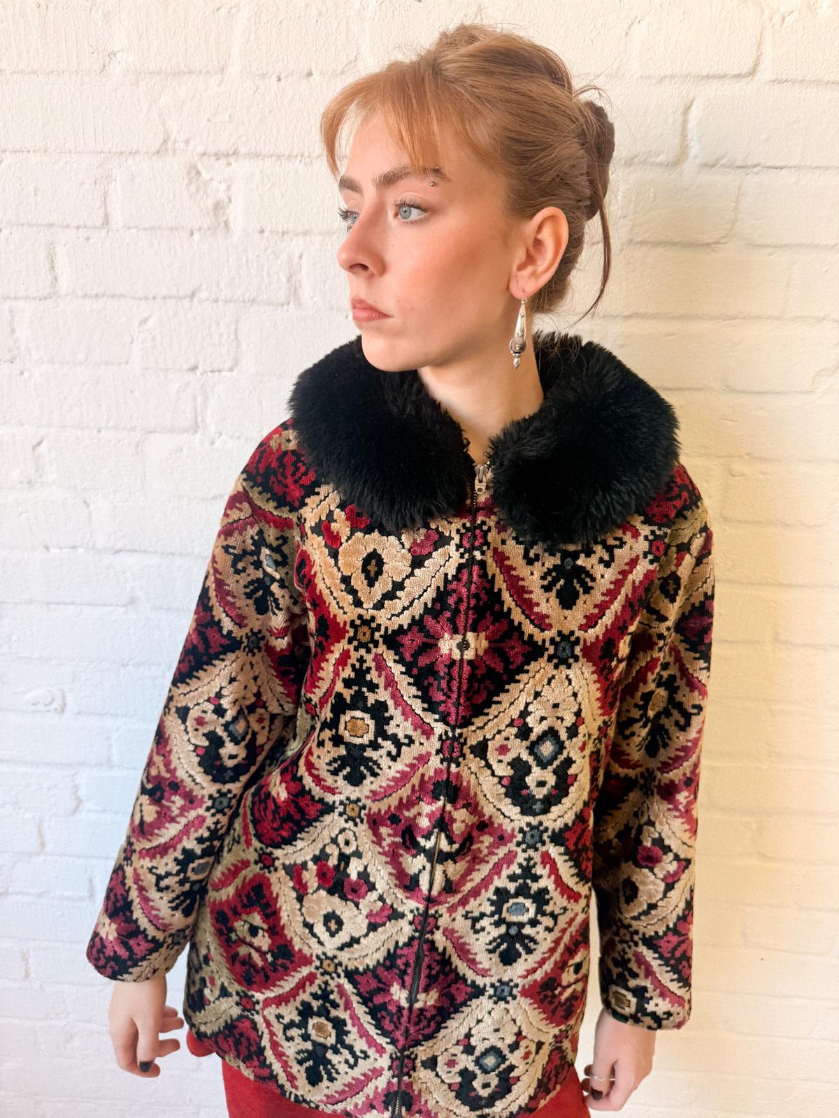 1960s Tapestry Chenille Ski Jacket with Faux Fur Collar