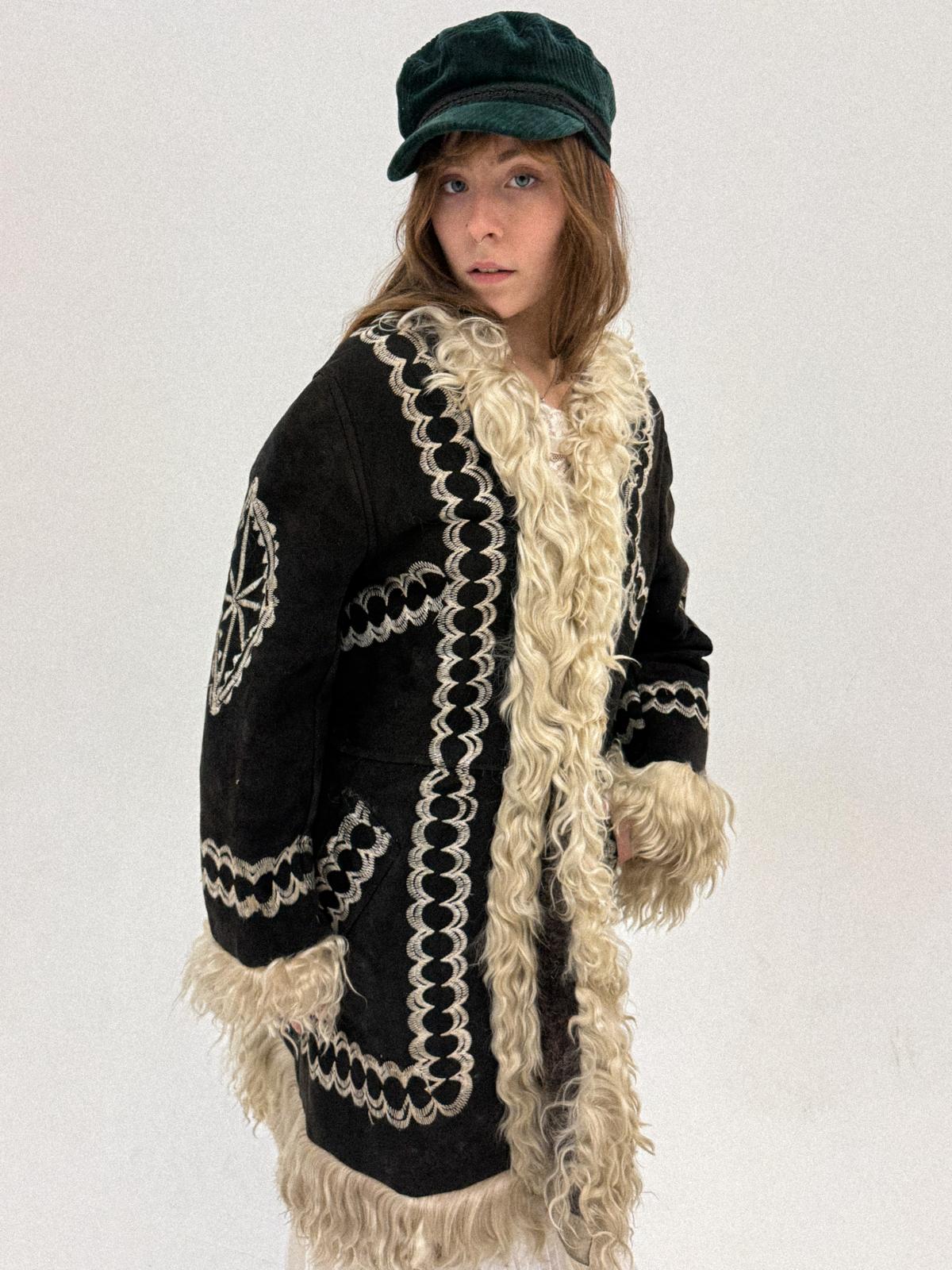 1960s/70s Inky Black Embroidered Afghan Shearling Coat with Lambswool Lining
