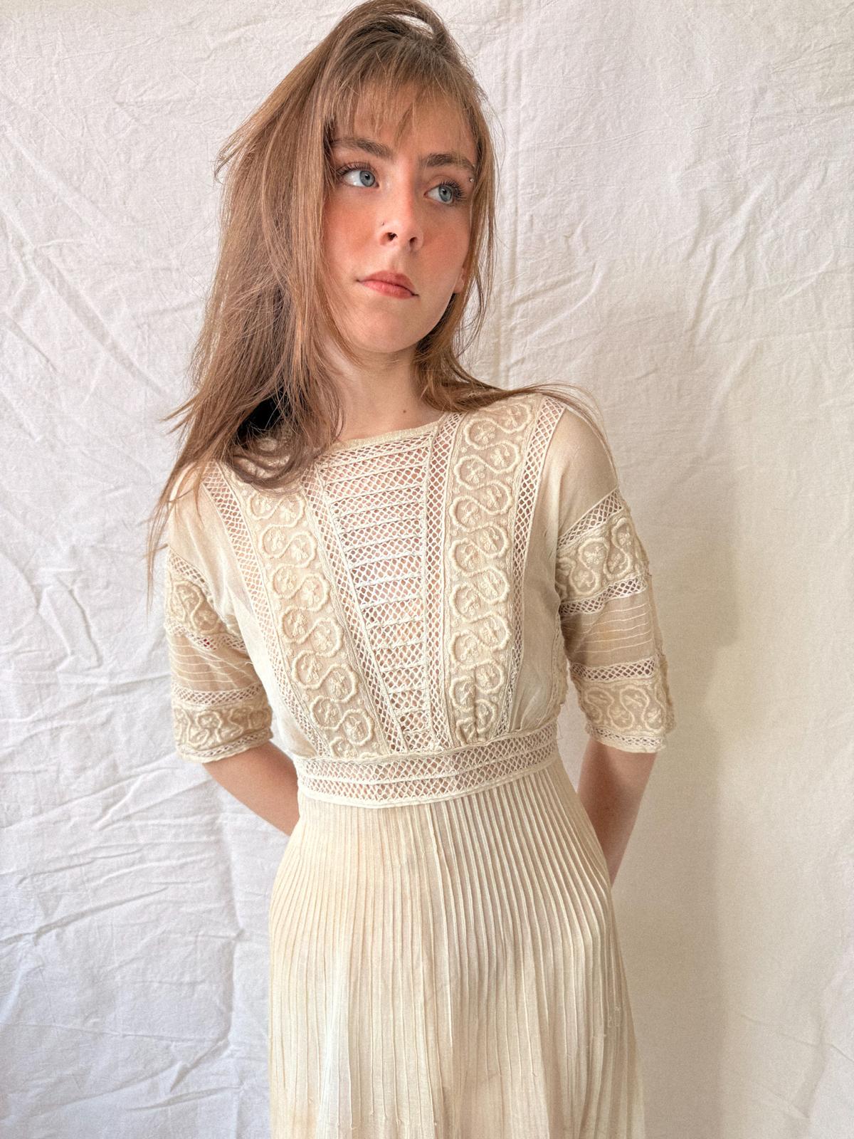 Edwardian Soutache & Lace Gauze Dress | Antique Cream Cotton Dress | Edwardian Lawn Dress | c. 1905–1915