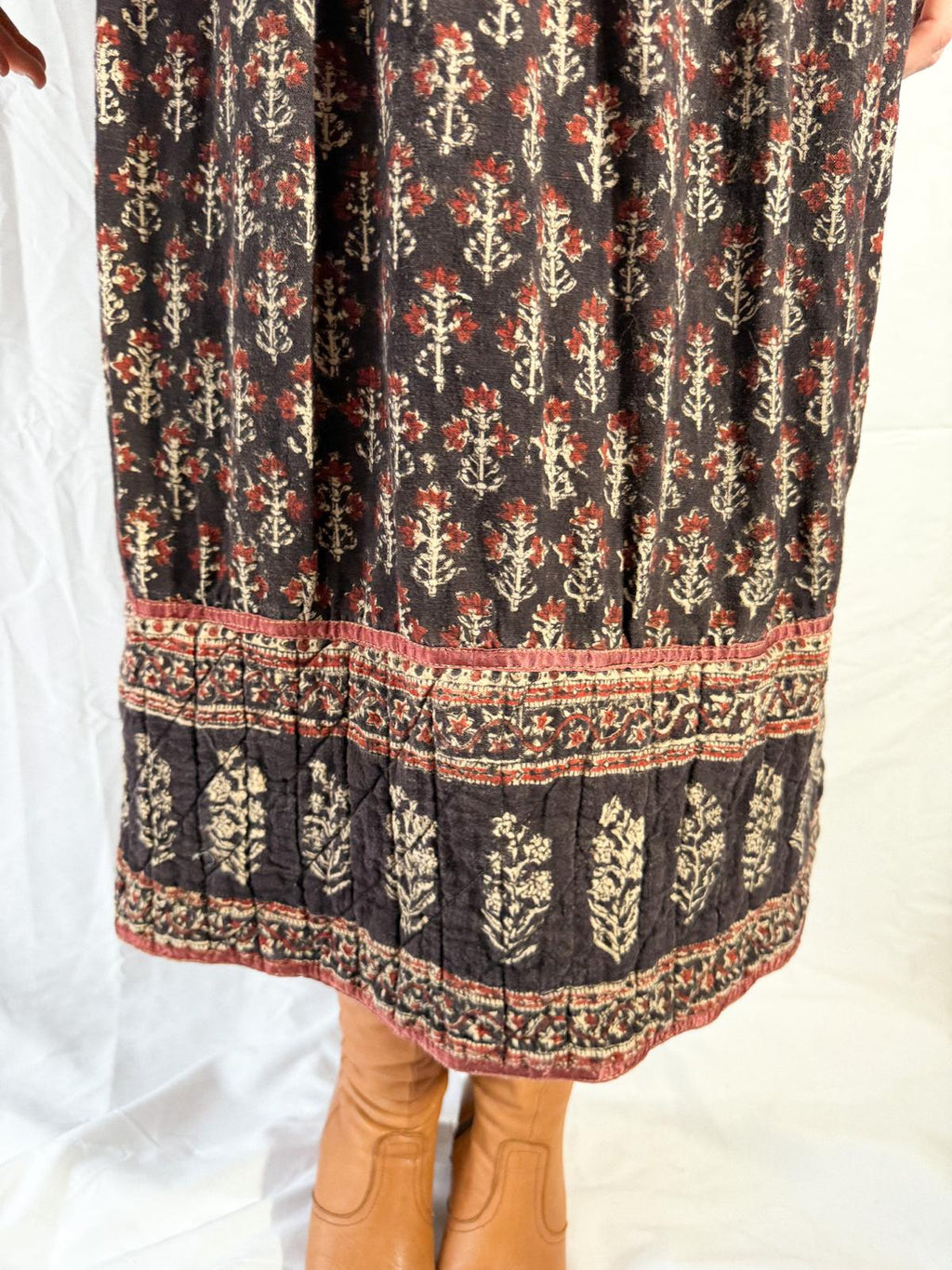 1970s Indian Block Print Cotton Dress with Quilted Yoke and Hem