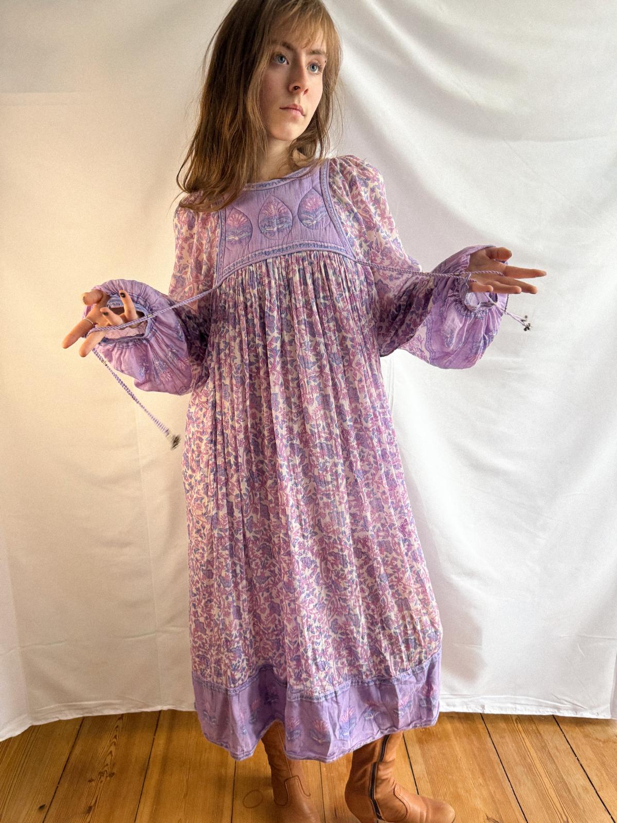 1970s Lavender Indian Cotton Gauze Dress with Quilted Yoke