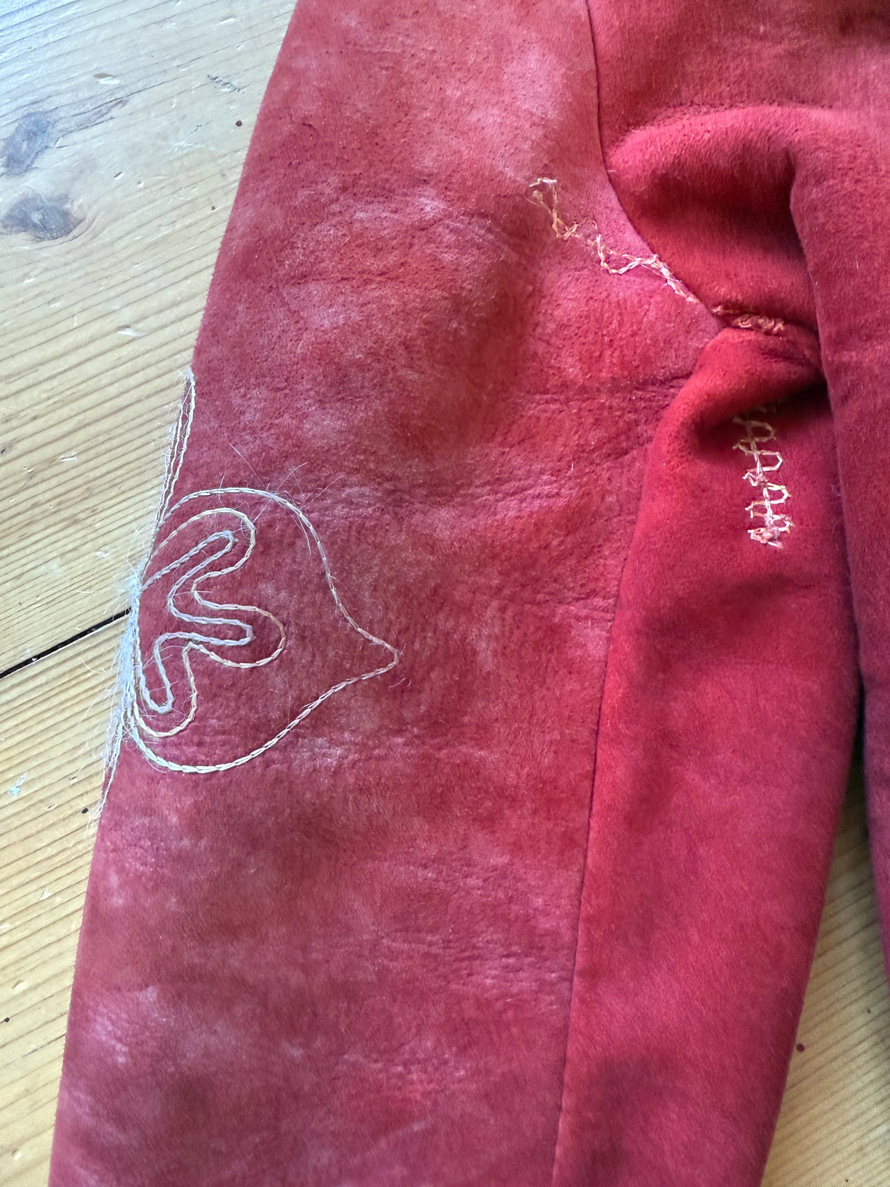 Rare 1960s Afghan Suede Lamb Shearling Penny Lane Coat – Tomato Red with Cream Trimmings
