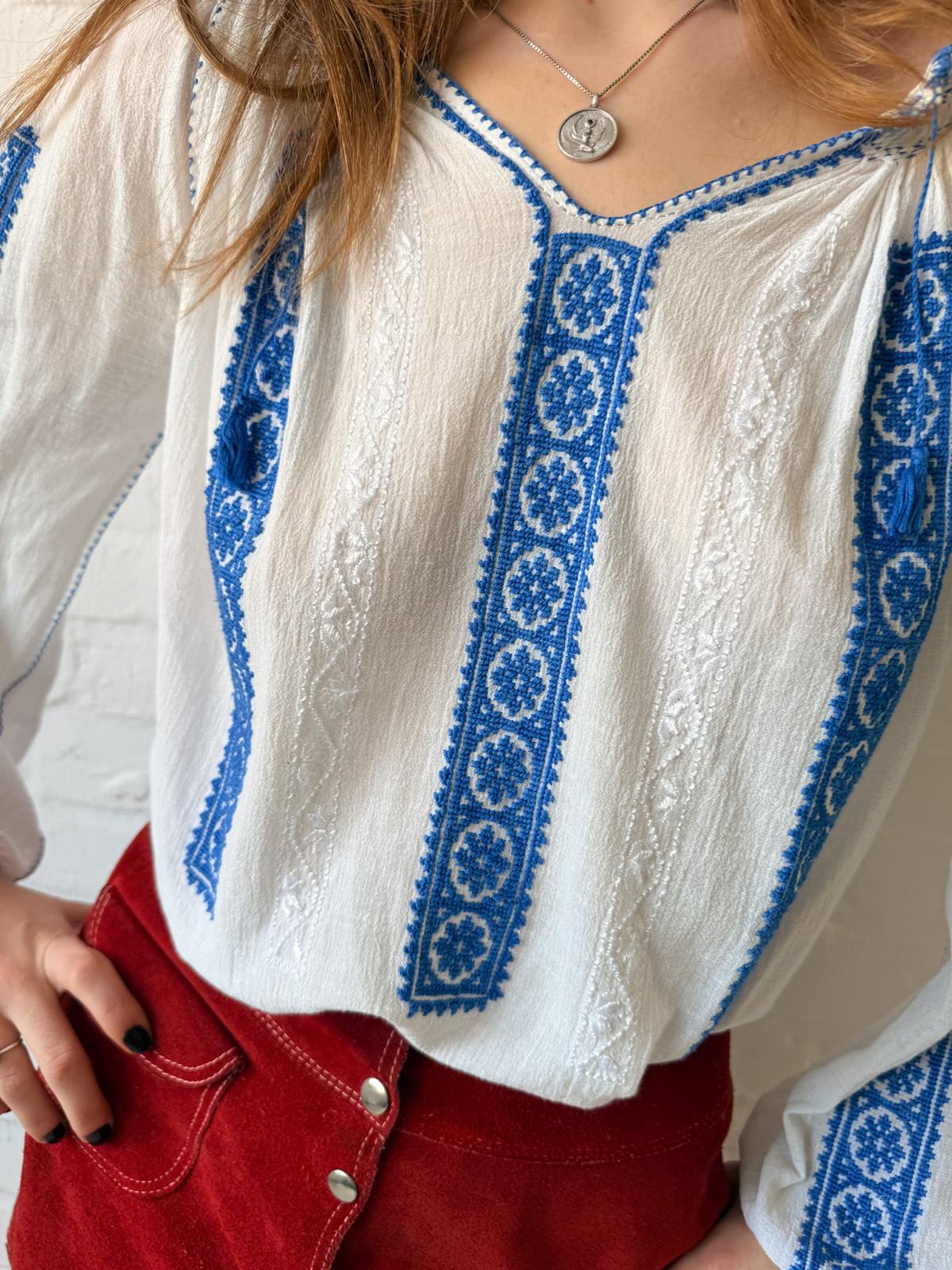 1960s–70s Eastern European Embroidered Cotton Folk Blouse
