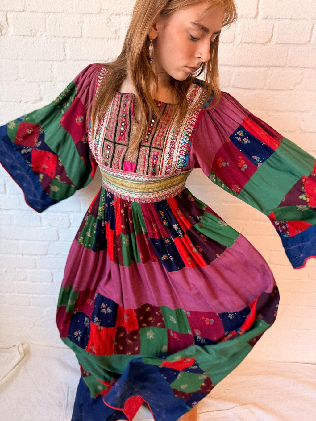 1970s Afghan-Style Patchwork Maxi Dress with Mirrorwork Embroidered Bodice