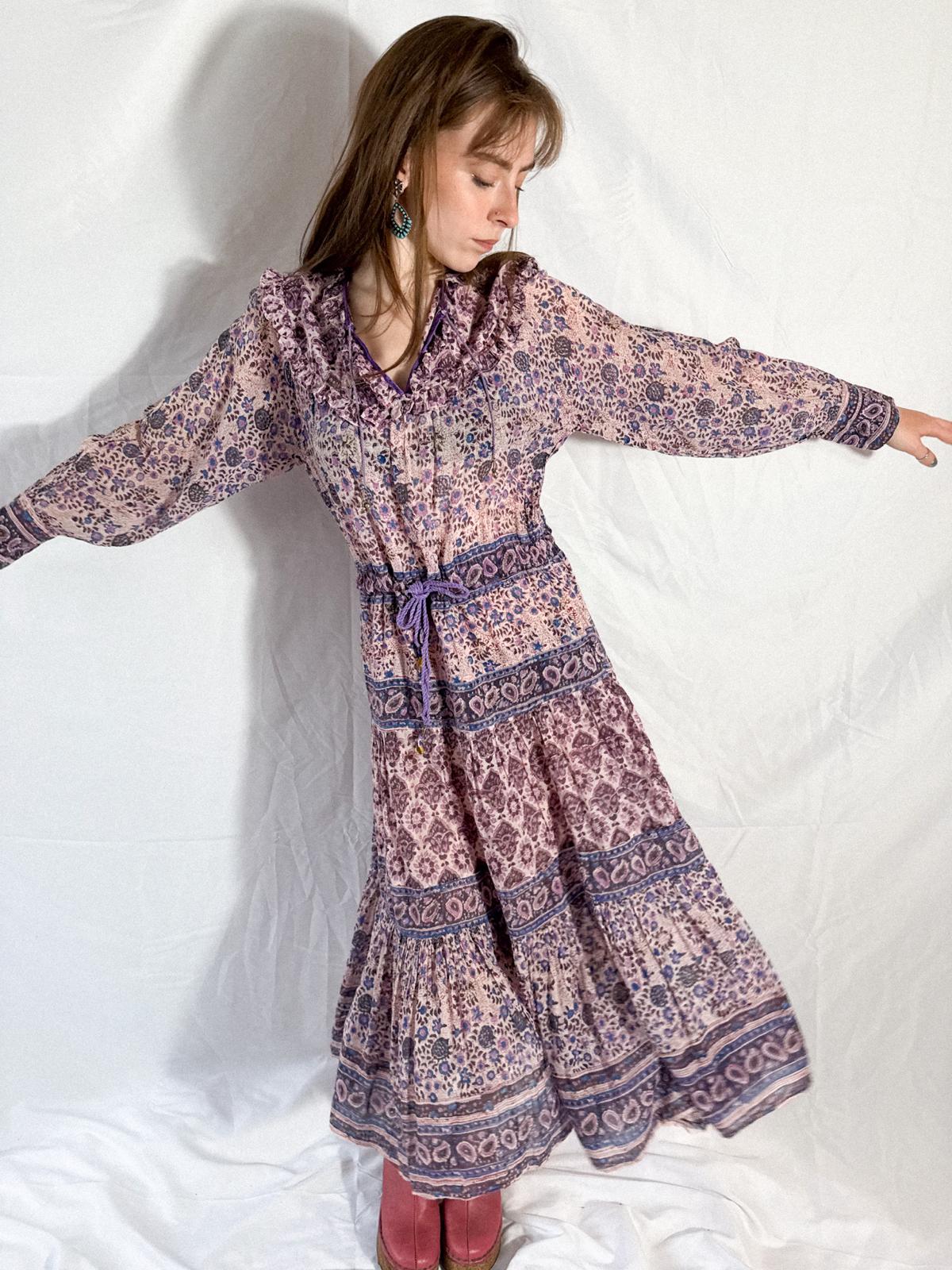 1970s Indian Cotton Gauze Block Print Prairie-Style Dress with Ruffled Neckline and Drawstring Waist