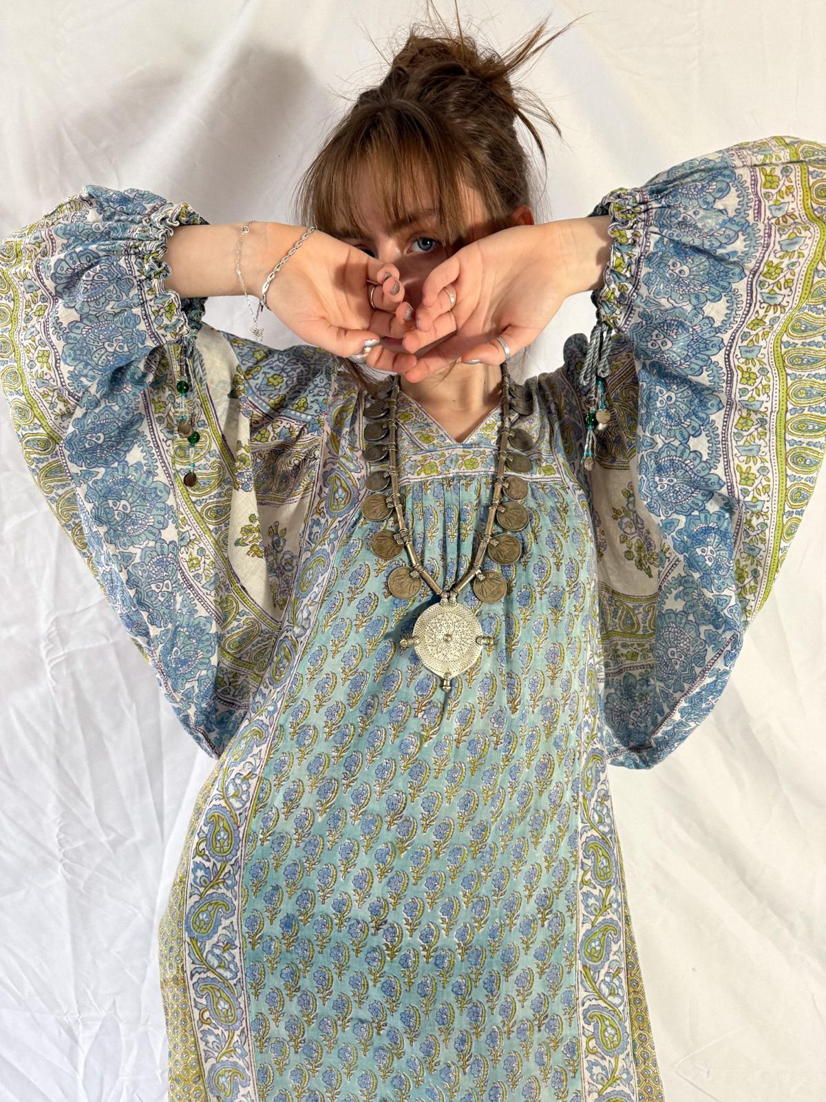 1970s Cotton Gauze Maxi Dress with Extravagant Sleeves