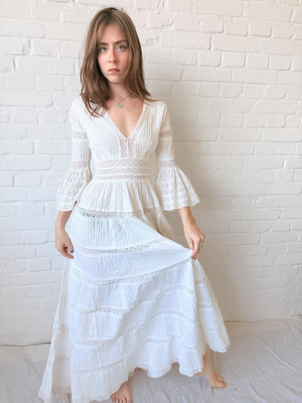 1970s Mexican Cotton and Crochet Lace Dress
