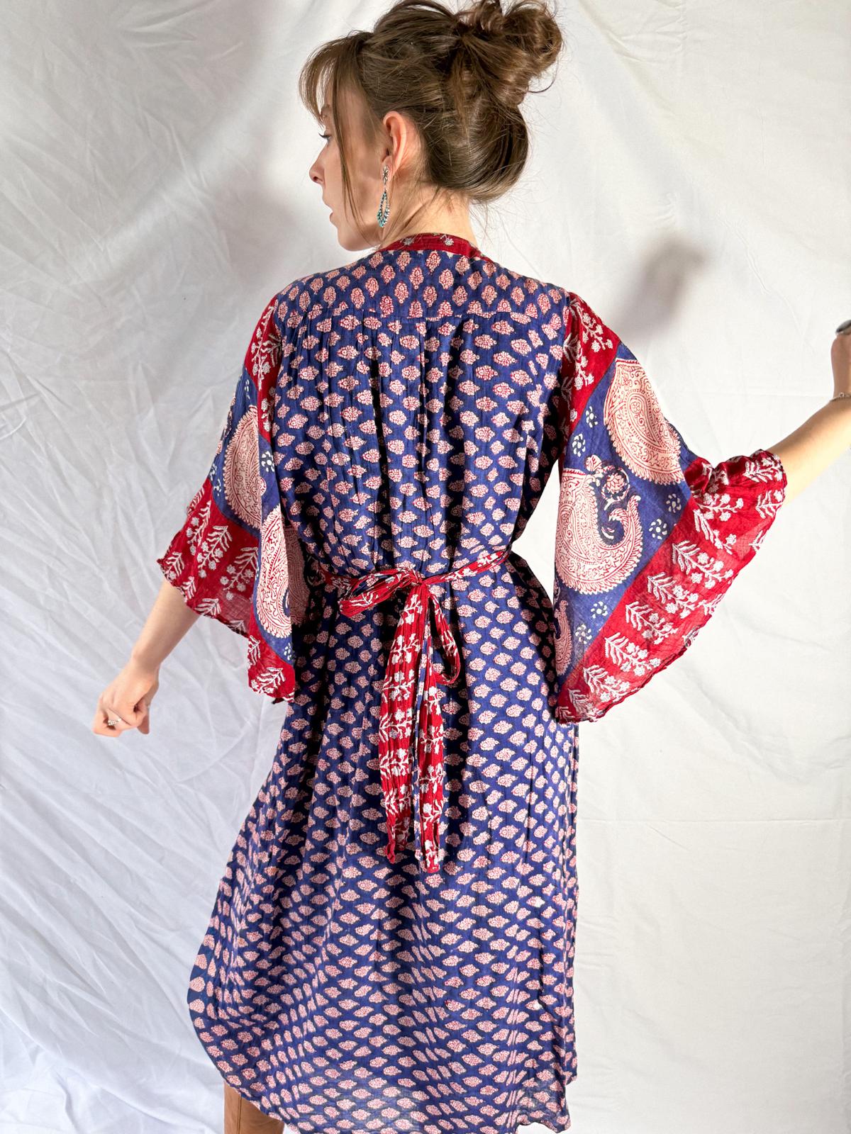 1970s Indian Cotton Gauze Block Print Dress with Angel Sleeves – Sehnsucht  Collection