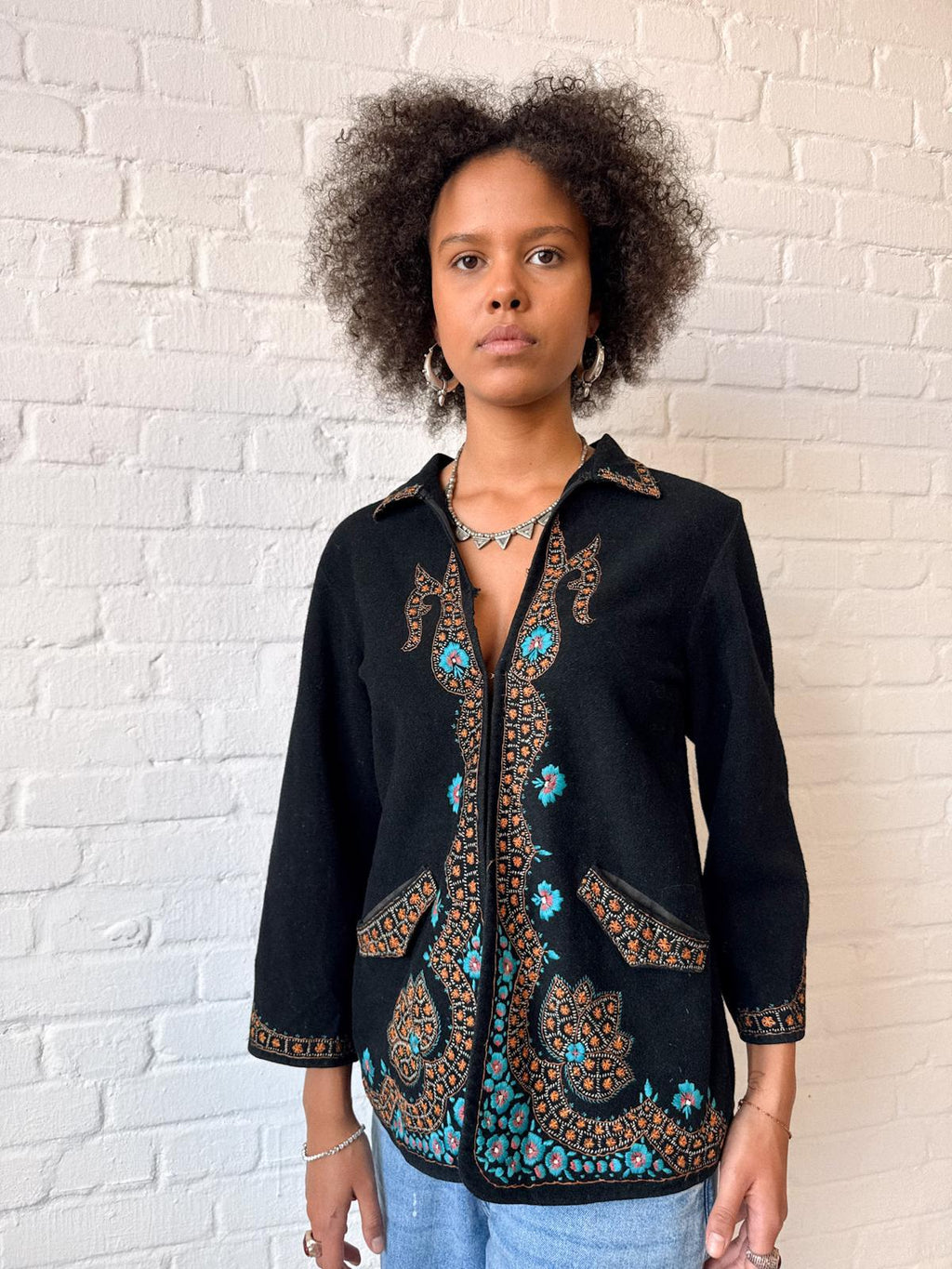 1920s–30s Black Wool Jacket with Kashmiri-Style Floral Embroidery