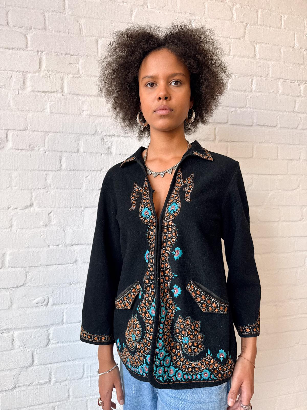 1920s–30s Black Wool Jacket with Kashmiri-Style Floral Embroidery