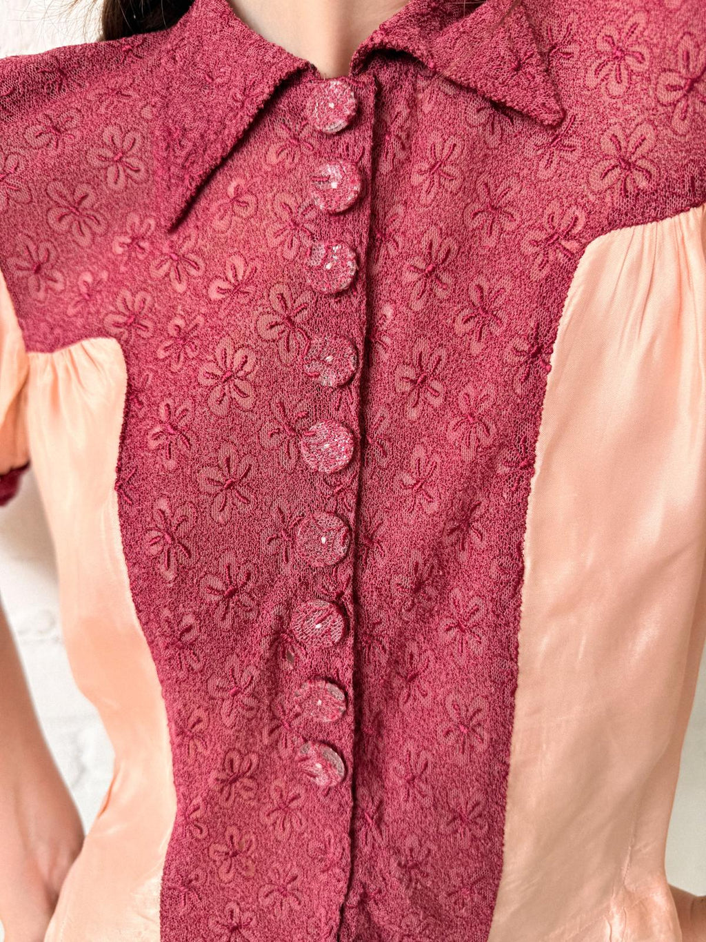 1930s Handmade Peach Satin & Embossed Floral Lace Blouse
