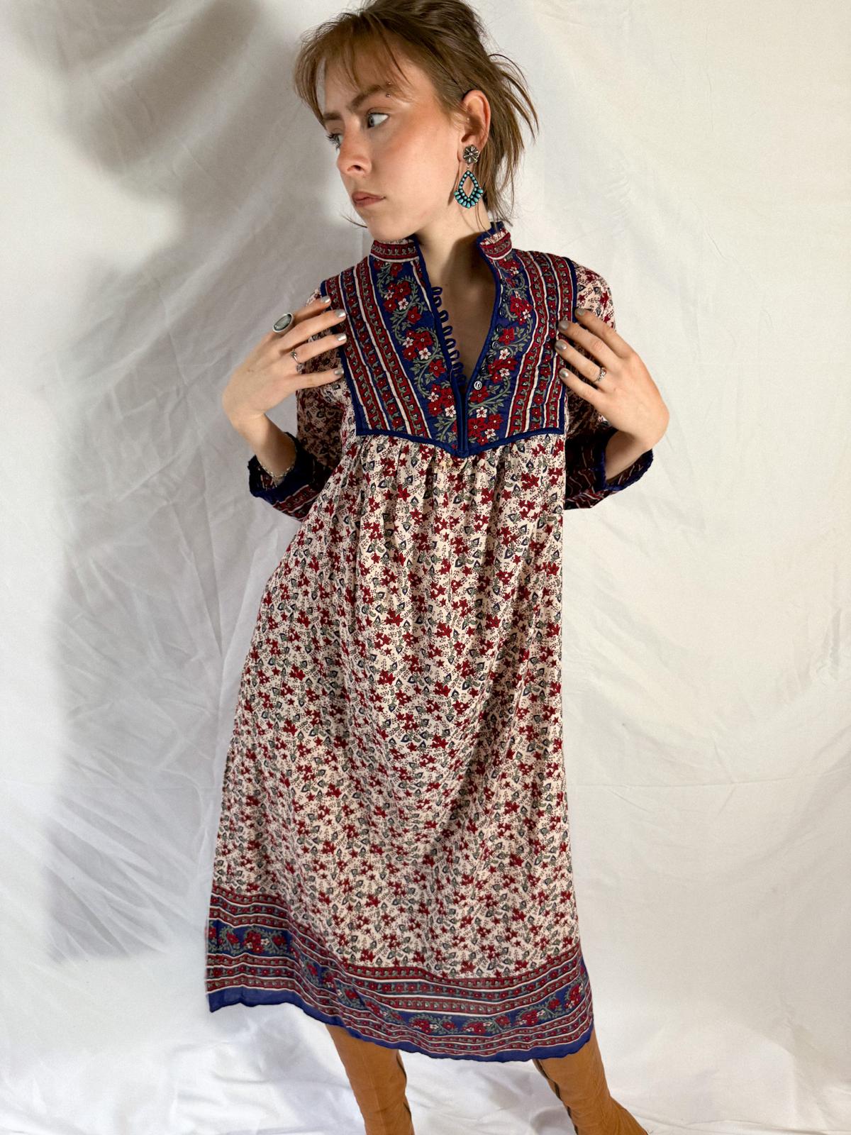 1970s-80s Blockprint Cotton Dress with Quilted Yoke