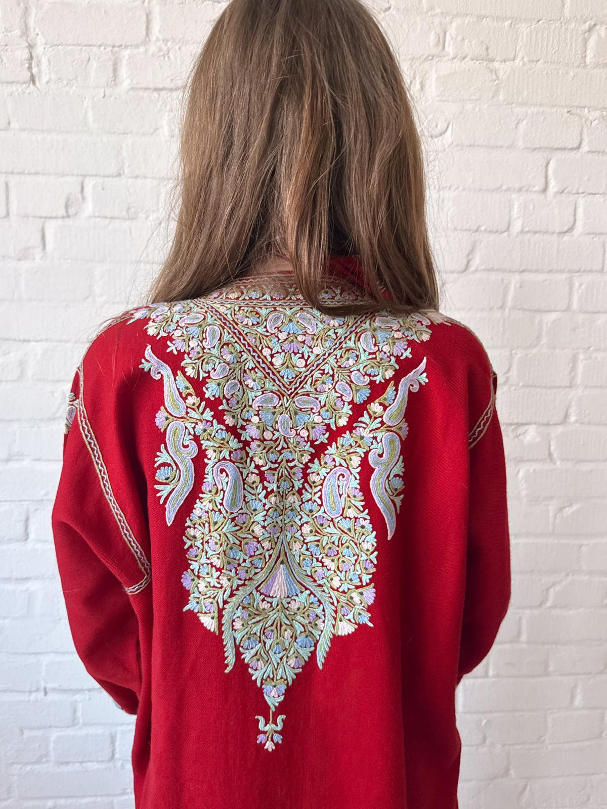 1920s–30s Kashmiri Embroidered Red Pashmina Wool Duster Coat